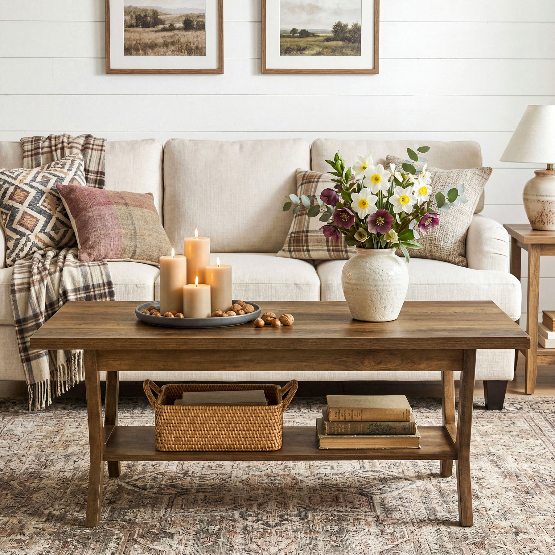 120 cm Rechthoekige Salontafel met Opbergplank, Landelijke Houten Centertafel voor Woonkamer