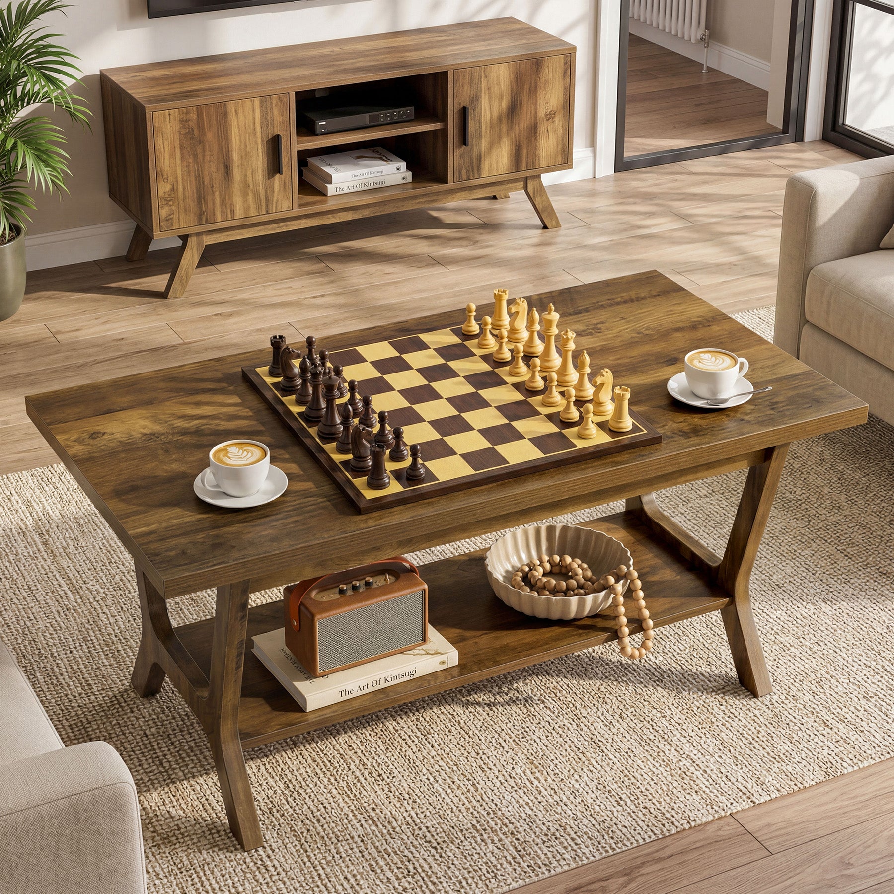 120 cm Rechthoekige Salontafel met Opbergplank, Landelijke Houten Centertafel voor Woonkamer
