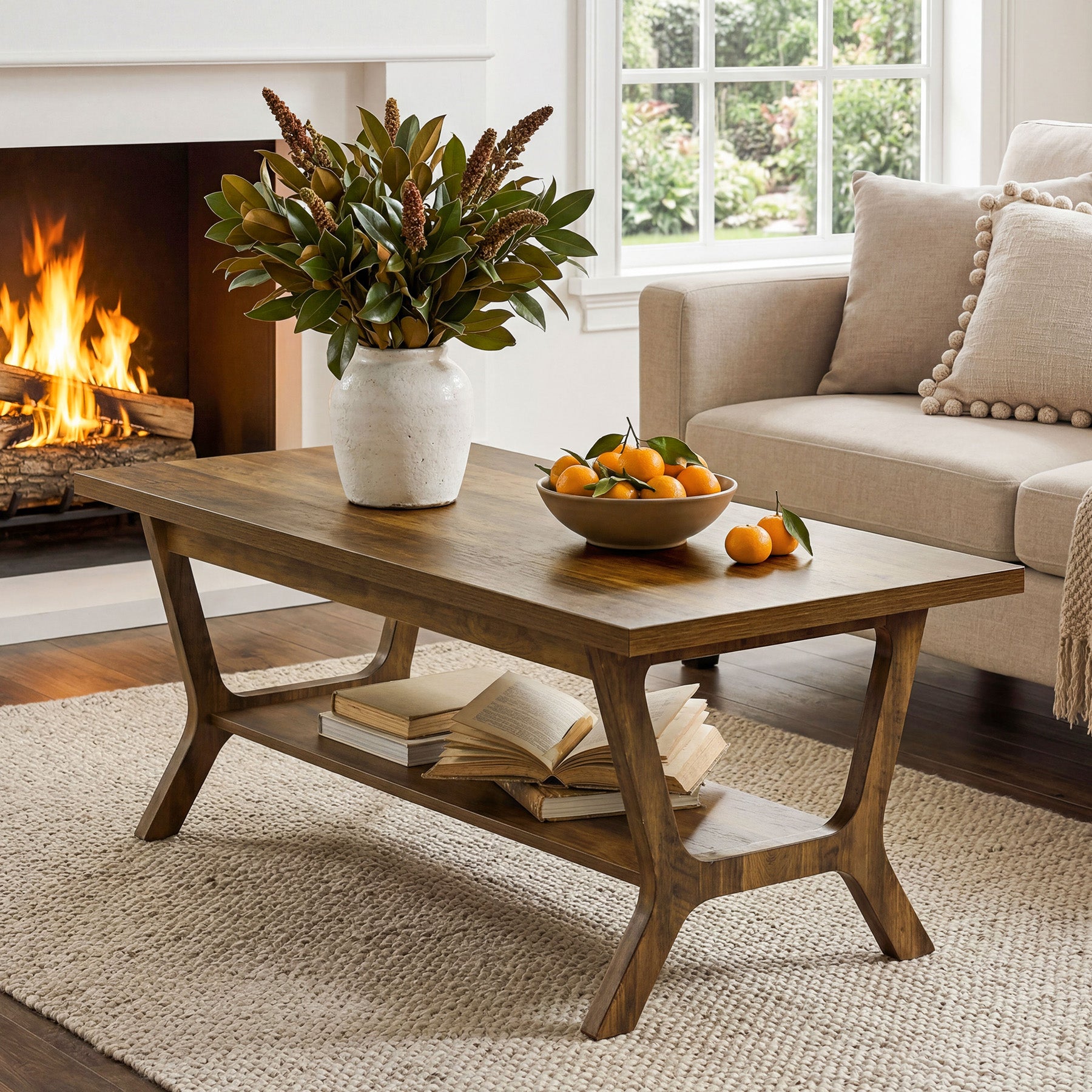 120 cm Rechthoekige Salontafel met Opbergplank, Landelijke Houten Centertafel voor Woonkamer