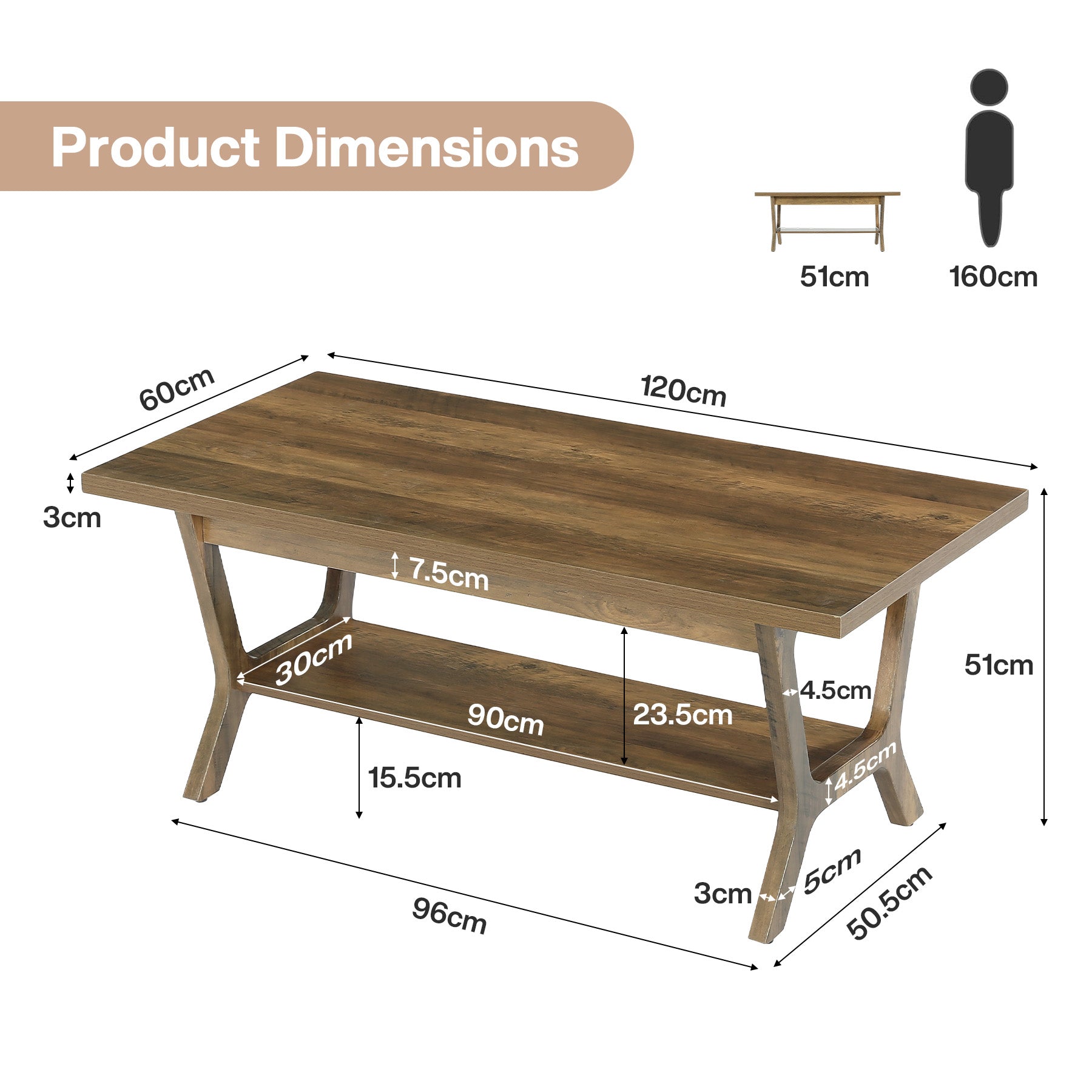 120 cm Rechthoekige Salontafel met Opbergplank, Landelijke Houten Centertafel voor Woonkamer