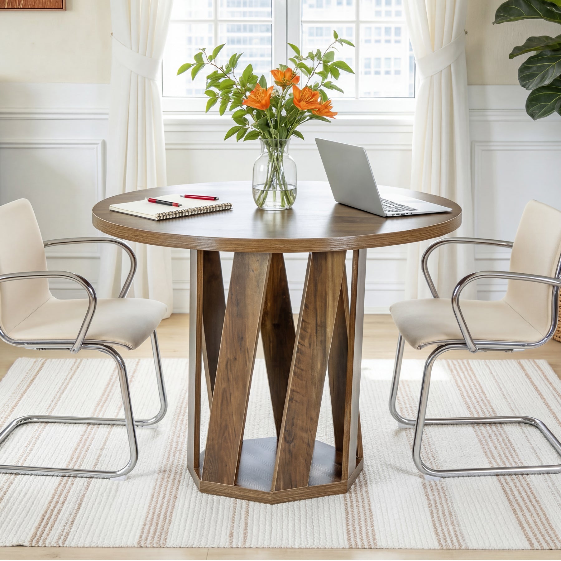 80 cm Ronde Vergadertafel Voor 2-4 Personen, Kleine Houten Kantoor Tafel in Rustic Bruin