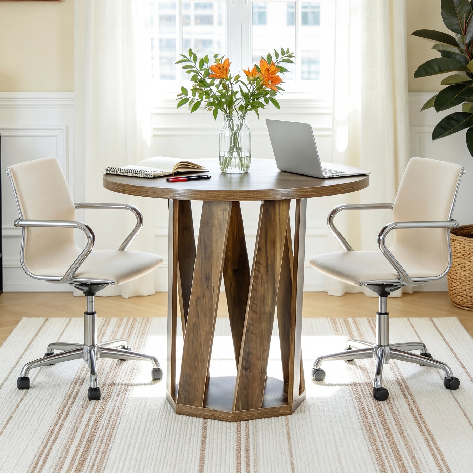80 cm Ronde Vergadertafel Voor 2-4 Personen, Kleine Houten Kantoor Tafel in Rustic Bruin