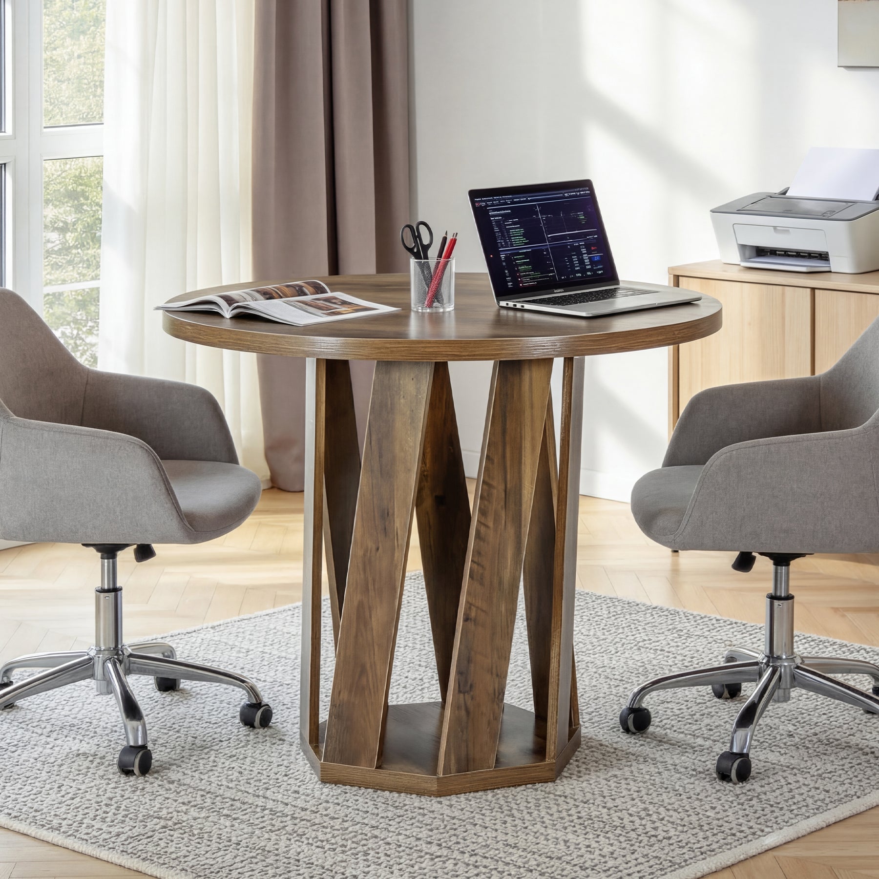 80 cm Ronde Vergadertafel Voor 2-4 Personen, Kleine Houten Kantoor Tafel in Rustic Bruin