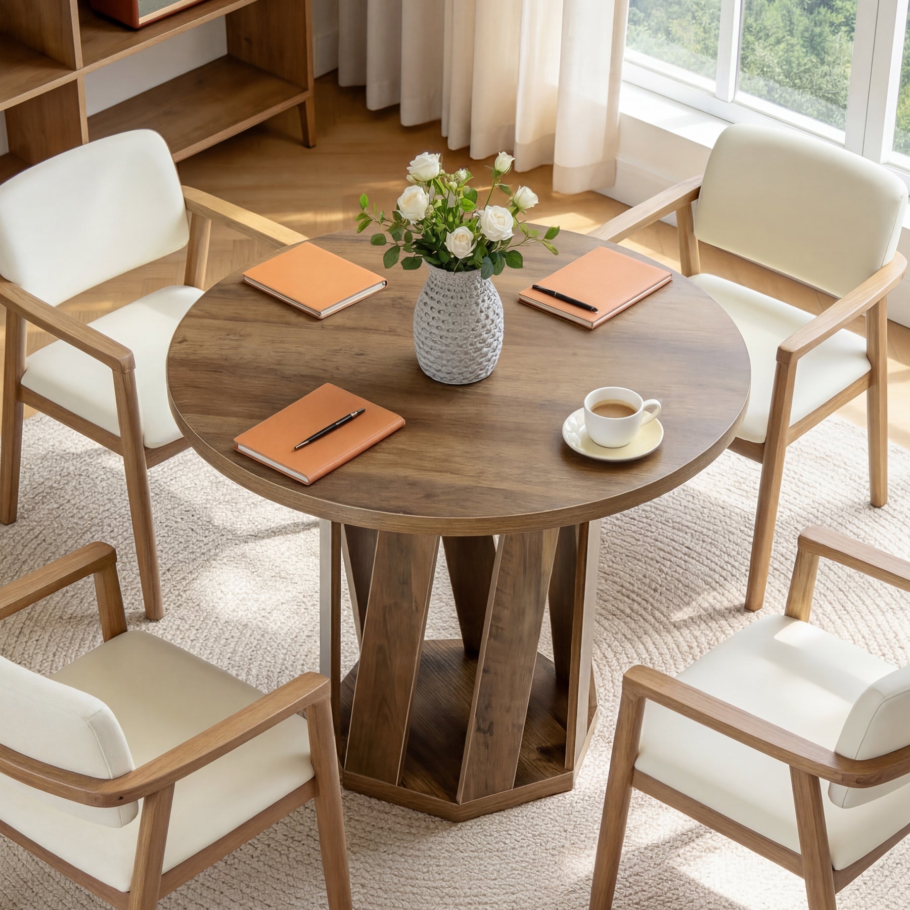 80 cm Ronde Vergadertafel Voor 2-4 Personen, Kleine Houten Kantoor Tafel in Rustic Bruin