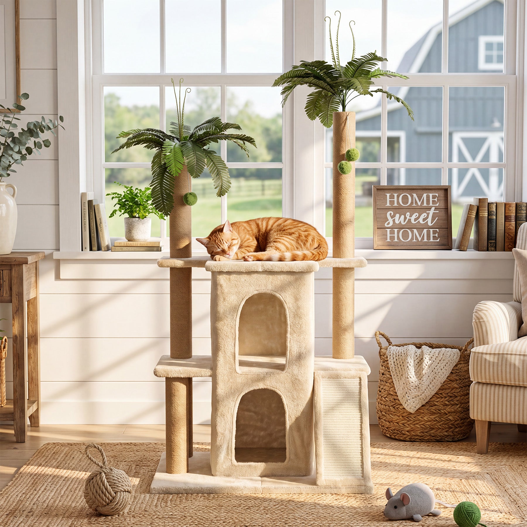 Tribesigns krabpaal met 2 pluche kattenhuisjes en sisalpalen, hoge kattenboom voor meerdere Binnenkatten