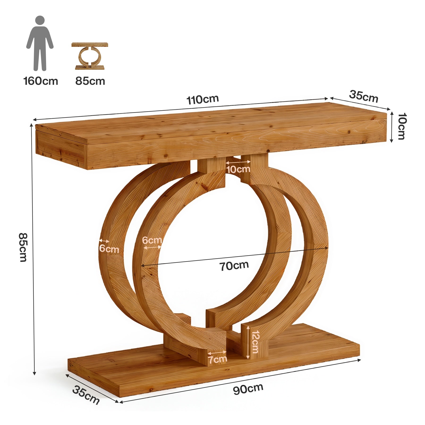 Tribesigns 110 cm Massief Houten Consoletafel, Smalle Haltafel met Dubbelcirkel Onderstel