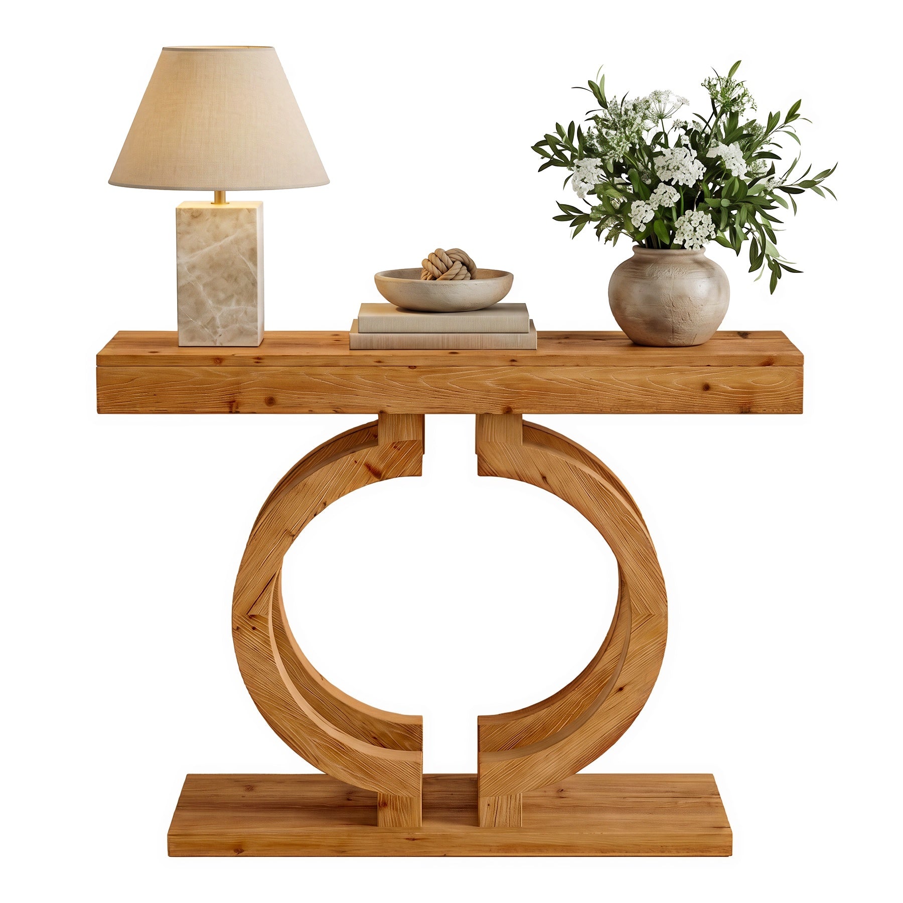 Tribesigns 110 cm Massief Houten Consoletafel, Smalle Haltafel met Dubbelcirkel Onderstel