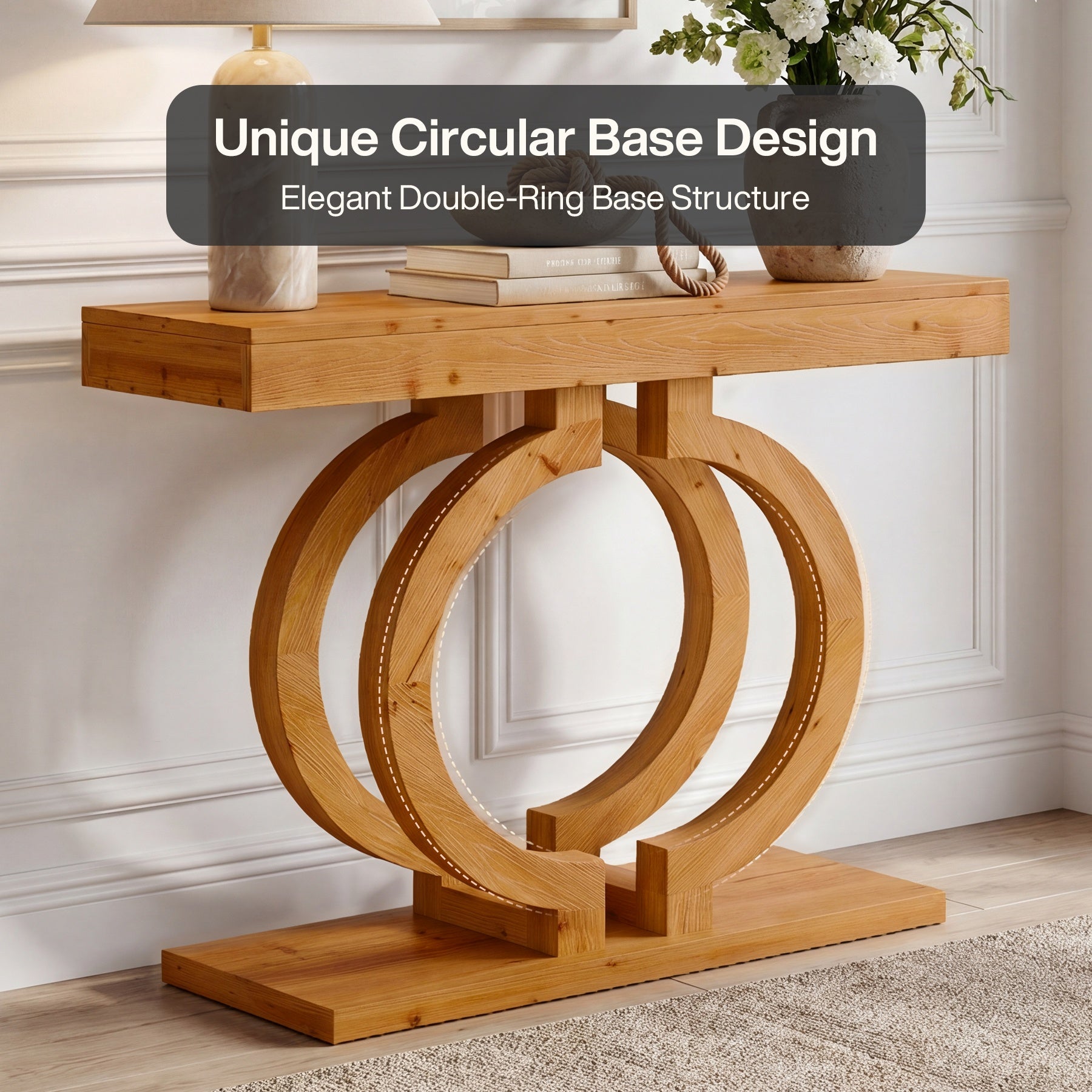 Tribesigns 110 cm Massief Houten Consoletafel, Smalle Haltafel met Dubbelcirkel Onderstel
