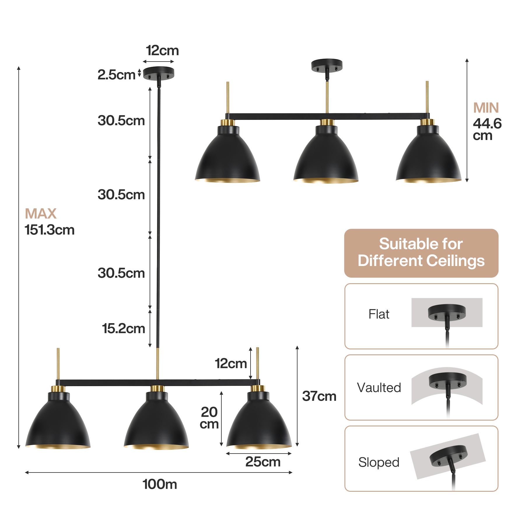 Tribesigns Vintage 3-Lichts Hanglamp, Zwart-Gouden Pendellamp met Verstelbare Stangen [Energieklasse F]