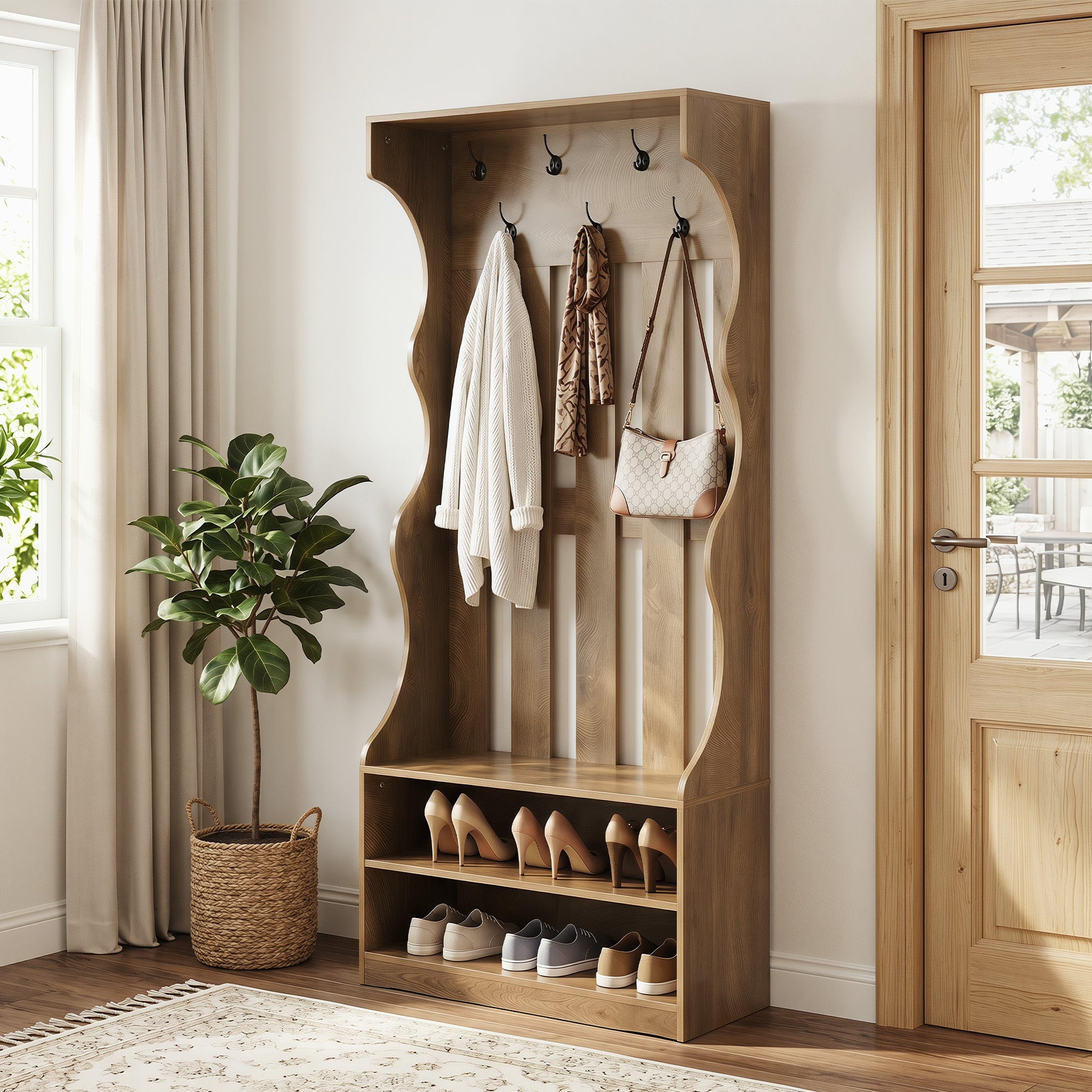 180 cm Tribesigns 3-in-1 halmeubel met kapstok en schoenenbank, bruine entreebank met 7 haken