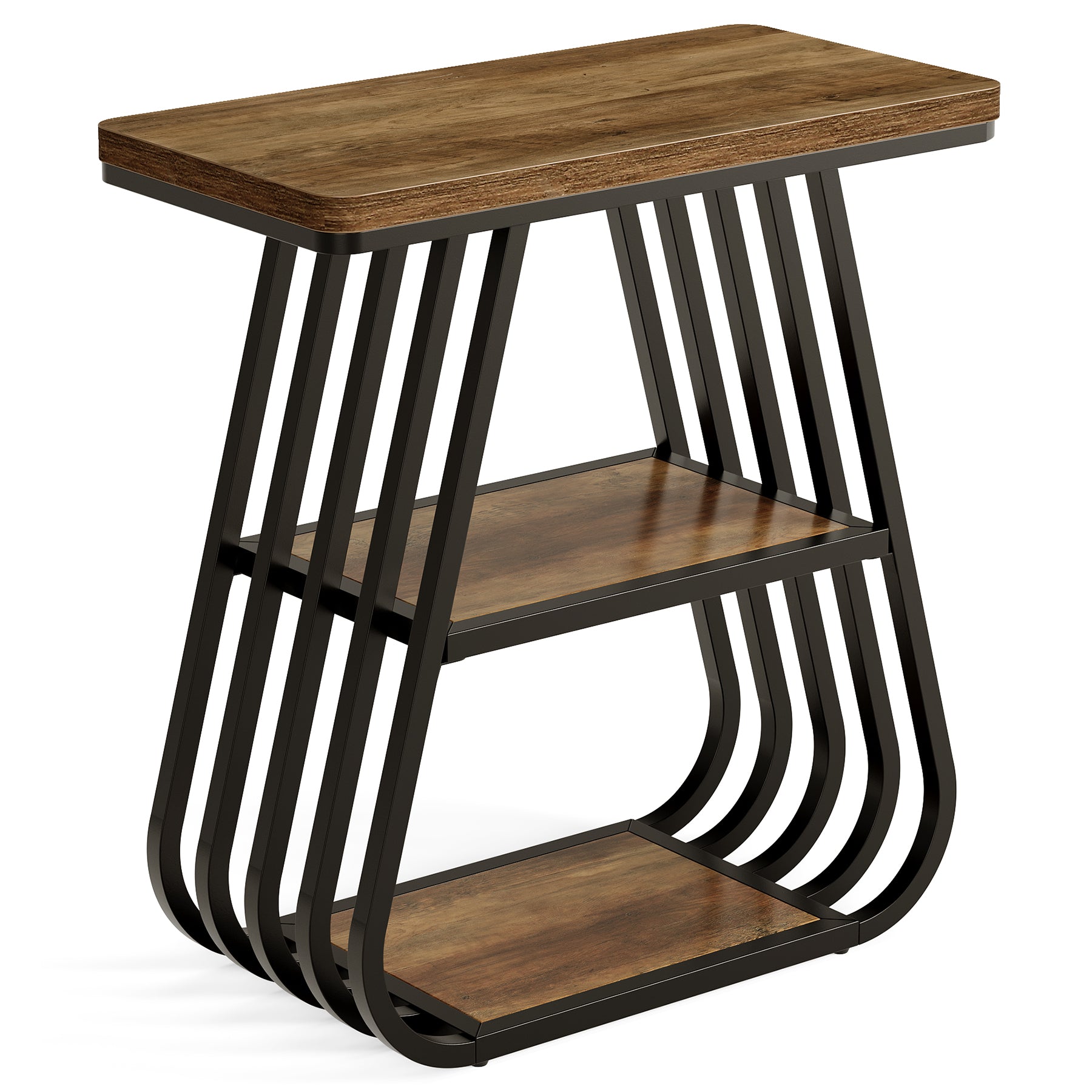 60 cm Bijzettafel voor Woonkamer, 3-Tier Smalle Tafel met Opbergplank in Eikenbruin en Zwart