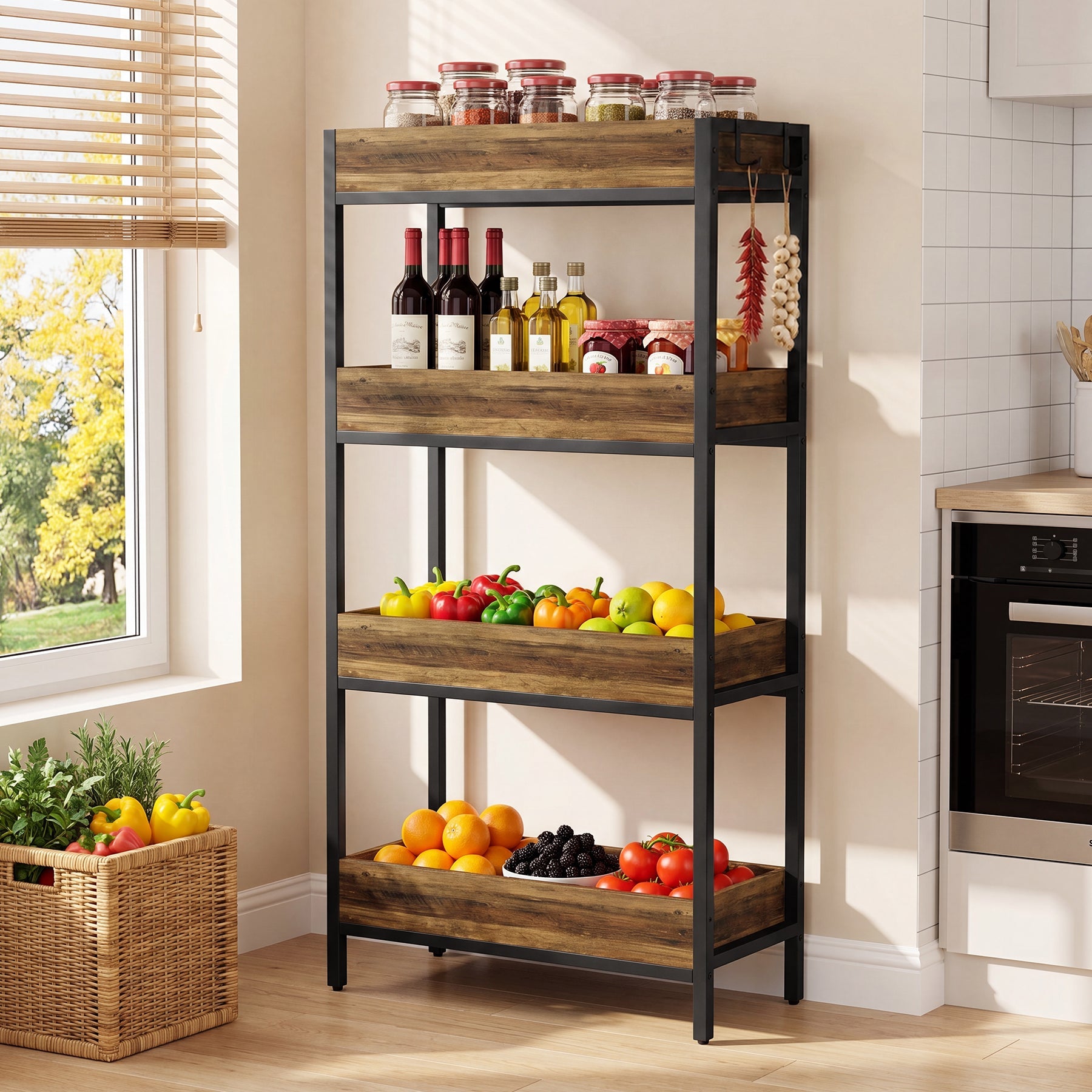 Tribesigns 140 cm Keukenrek met 4 Opberglagen, Vrijstaand Fruit- en Groenterek met Open Opbergruimte