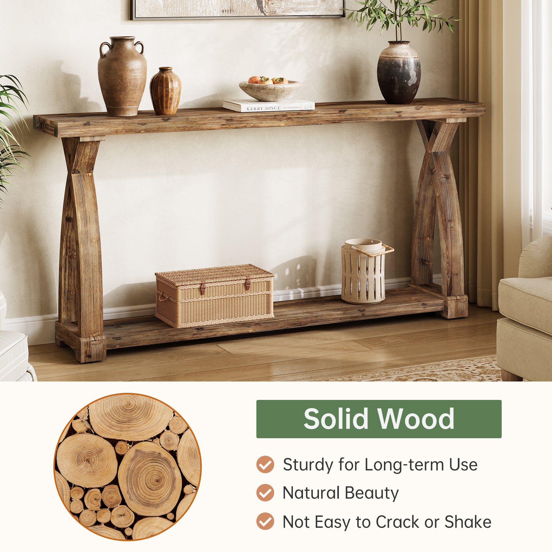 160 cm Massief Houten Consoletafel met 2 Niveaus, Smalle Haltafel Landelijke Stijl
