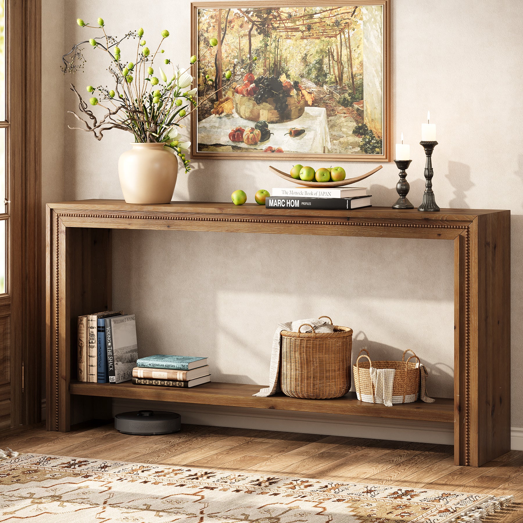 Tribesigns 160 cm massief houten consoletafel met 2-laagse opbergplank, smalle haltafel voor woonkamer gang en entree