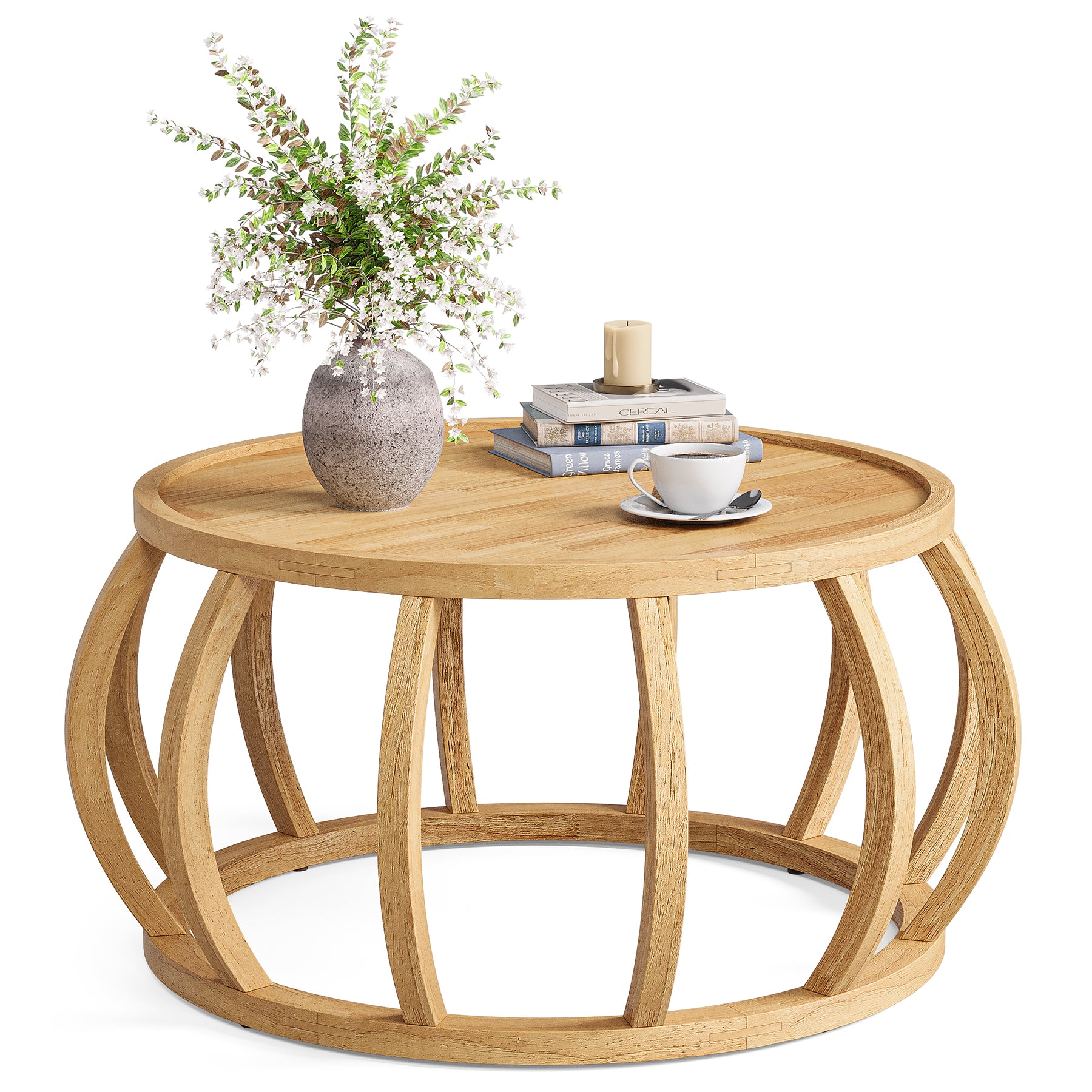 Ronde Massief Houten Salontafel, Industrieel Design met Gebogen Frame voor Elke Ruimte