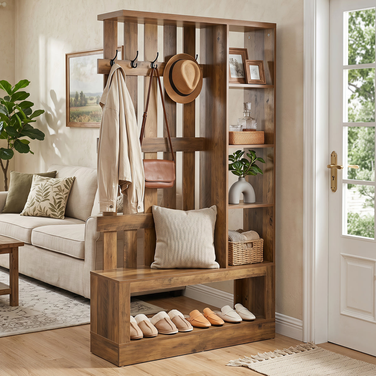 180 cm roomdivider met planken en kapstok, vrijstaande houten scheidingswand voor hal en woonruimte