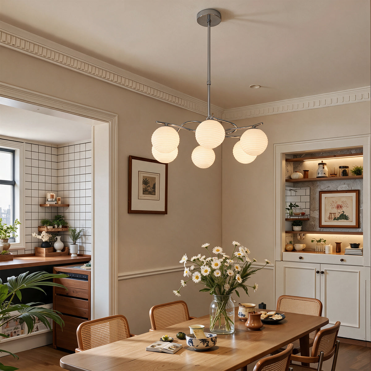 56 cm Tribesigns hanglamp met 6 glazen bollen, G9 plafondlamp voor eettafel en woonkamer