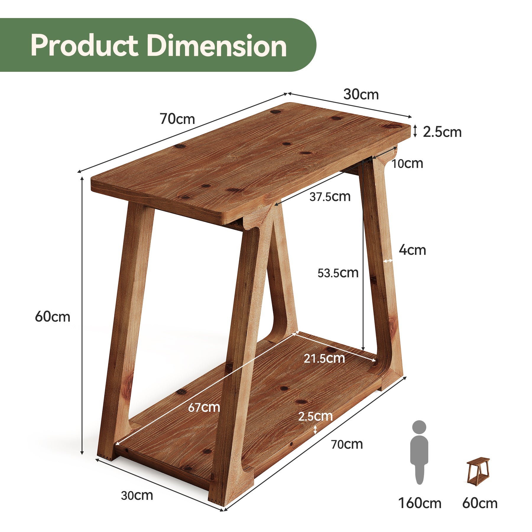 Tribesigns 60 cm Bijzettafel, Landelijk Houten Tafeltje met 2 Planken