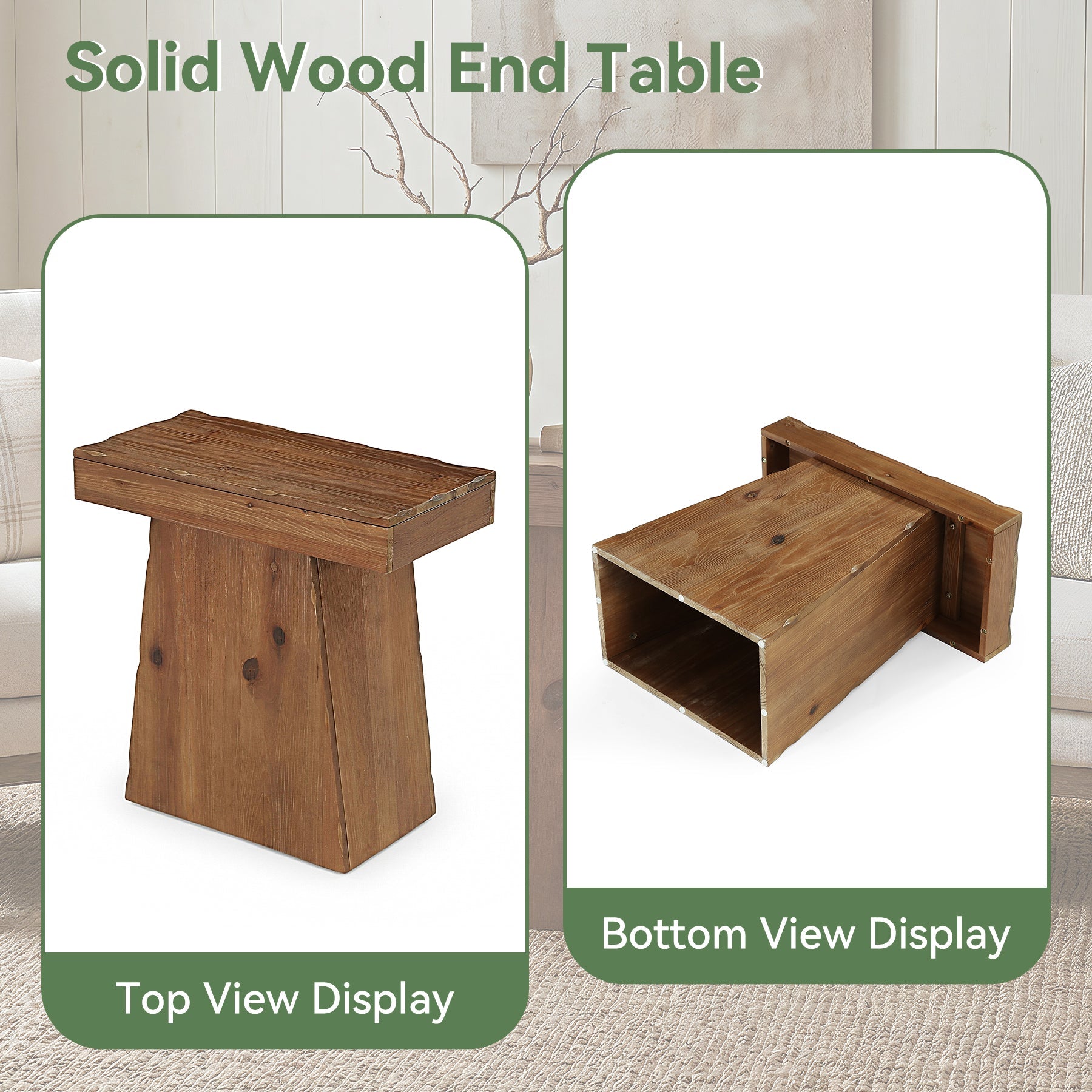 Tribesigns bijzettafel van massief hout 60 cm, houten tafel met trapeziumvormige voet