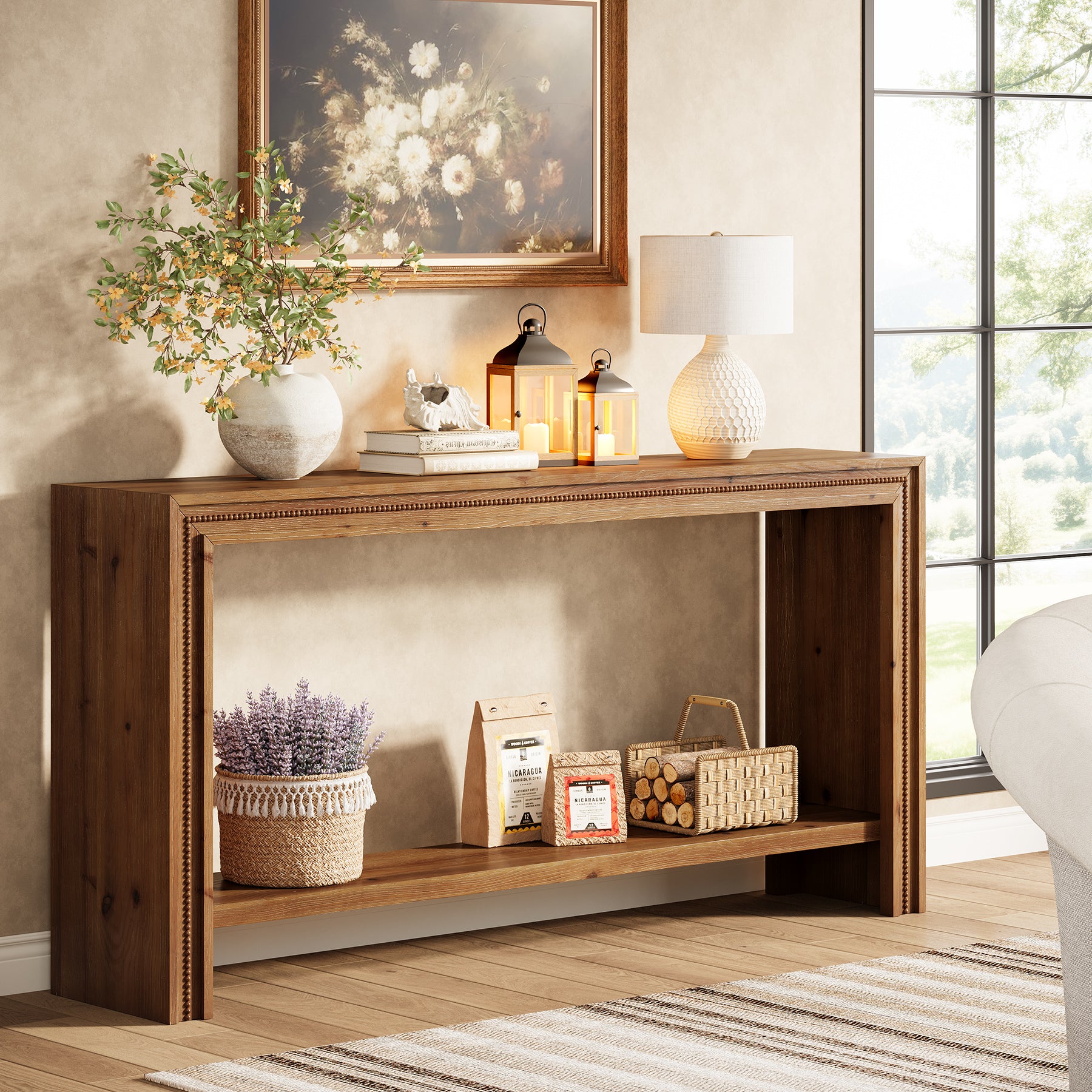 Tribesigns 160 cm massief houten consoletafel met 2-laagse opbergplank, smalle haltafel voor woonkamer gang en entree