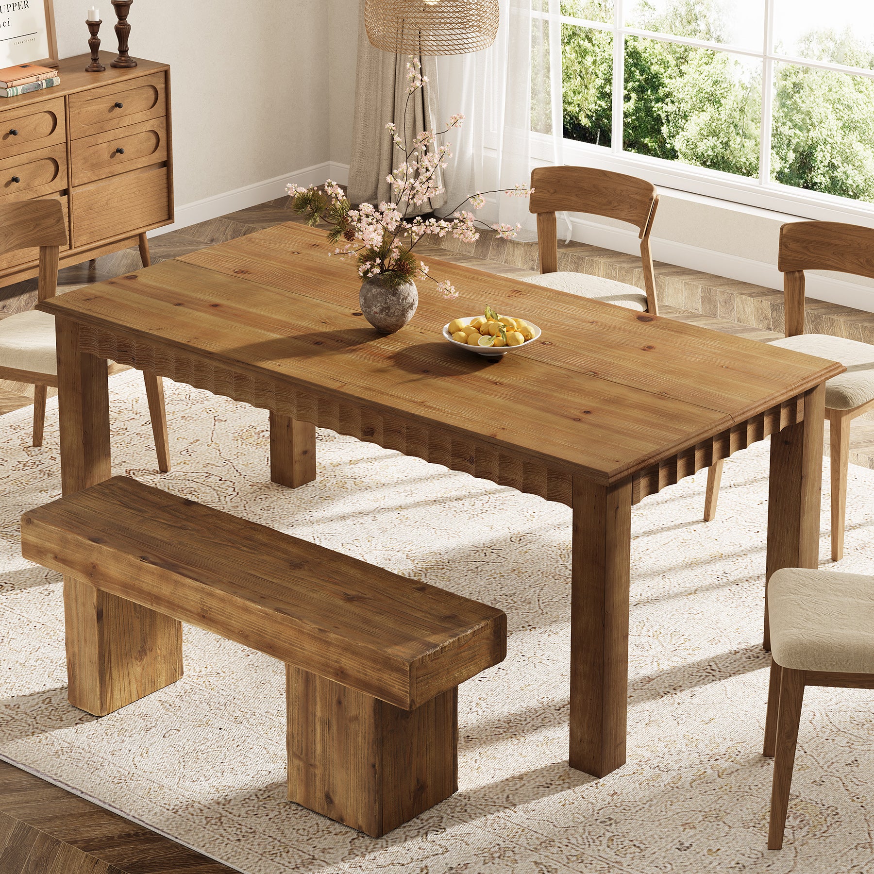 160 cm Rechthoekige Eettafel voor 6 Personen, Massief Houten Landelijke Tafel met Stevige Poten
