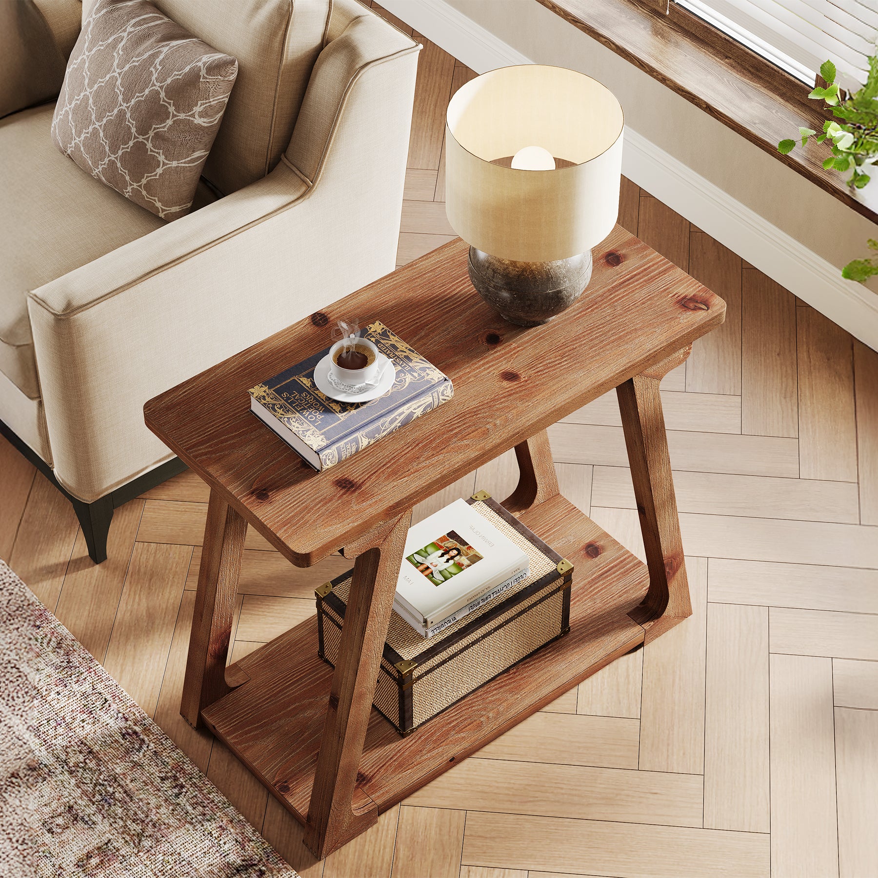 Tribesigns 60 cm Bijzettafel, Landelijk Houten Tafeltje met 2 Planken