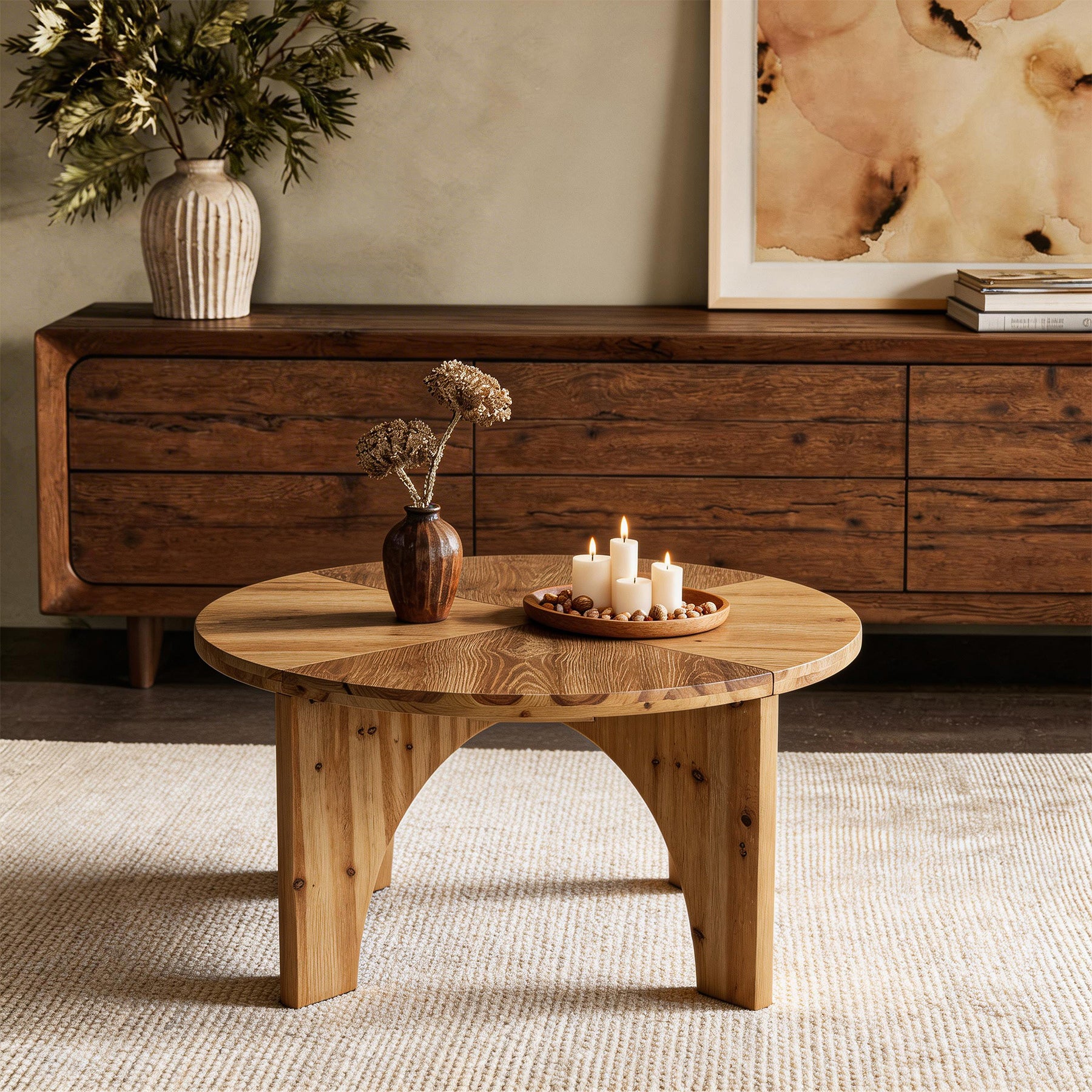 80 cm Ronde Salontafel van Massief Hout, Landelijke Salontafel met Gebogen Poten Naturel