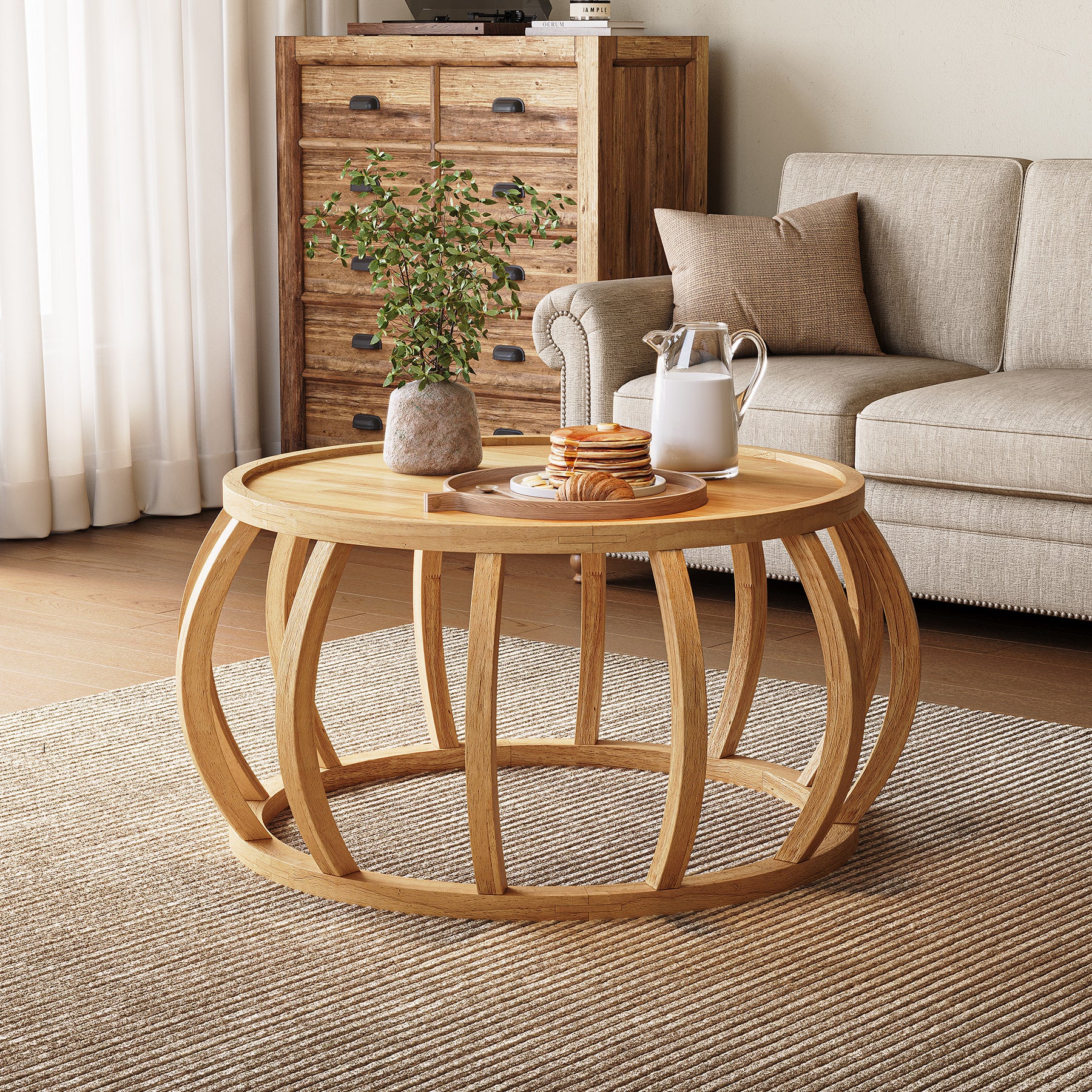 Ronde Massief Houten Salontafel, Industrieel Design met Gebogen Frame voor Elke Ruimte