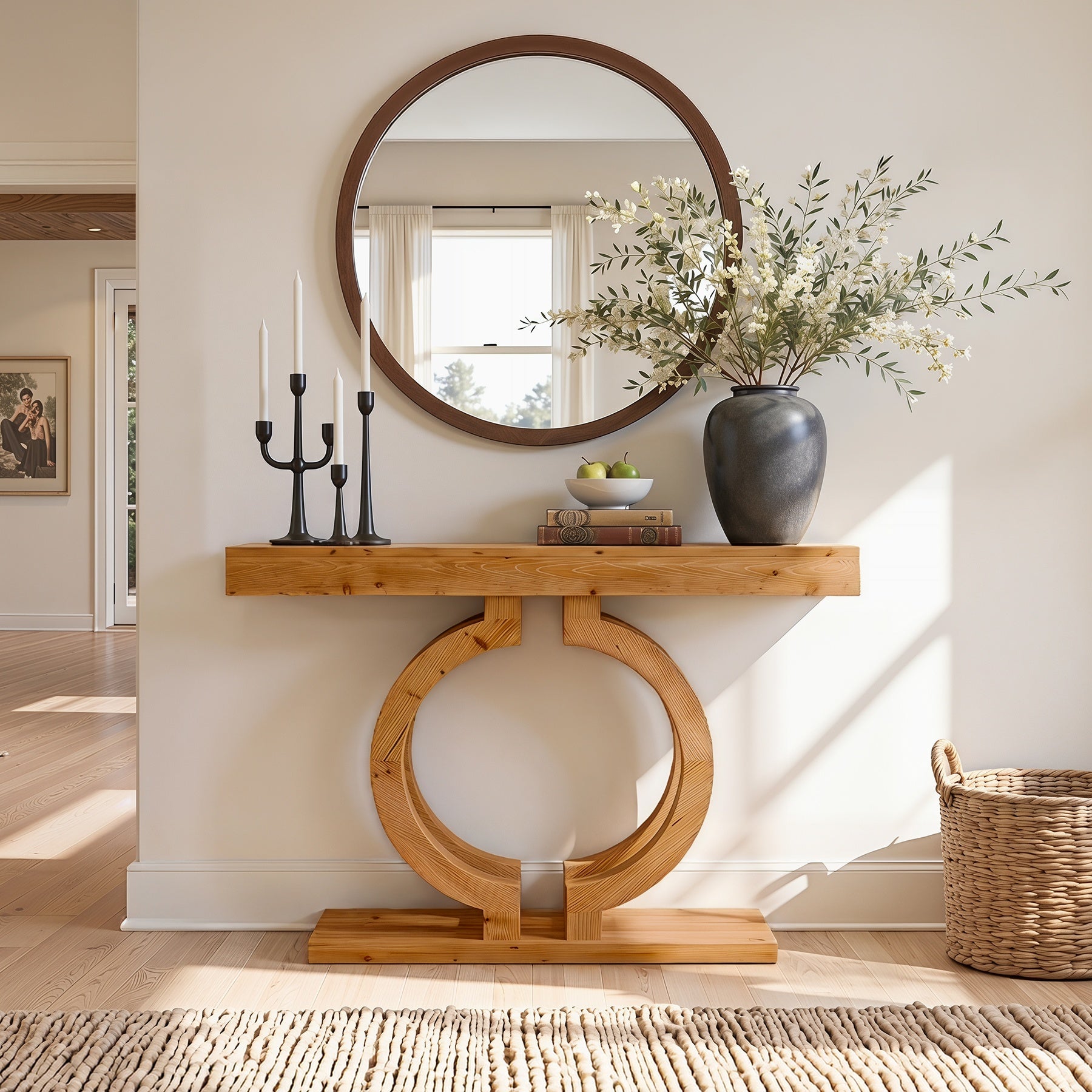 Tribesigns 110 cm Massief Houten Consoletafel, Smalle Haltafel met Dubbelcirkel Onderstel