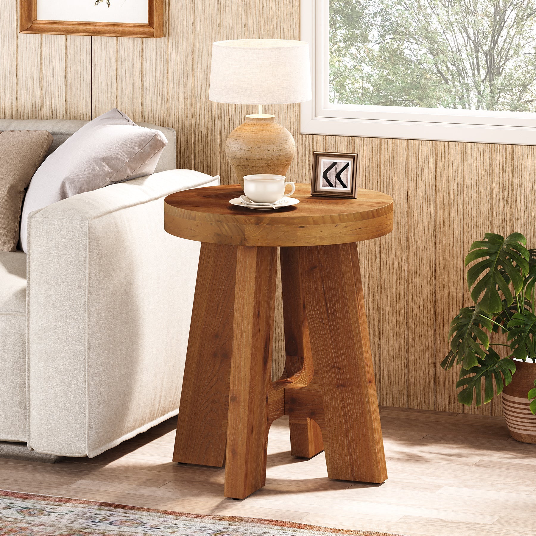 Tribesigns ronde massief houten bijzettafel, landelijke houten sofatafel met stevige poten