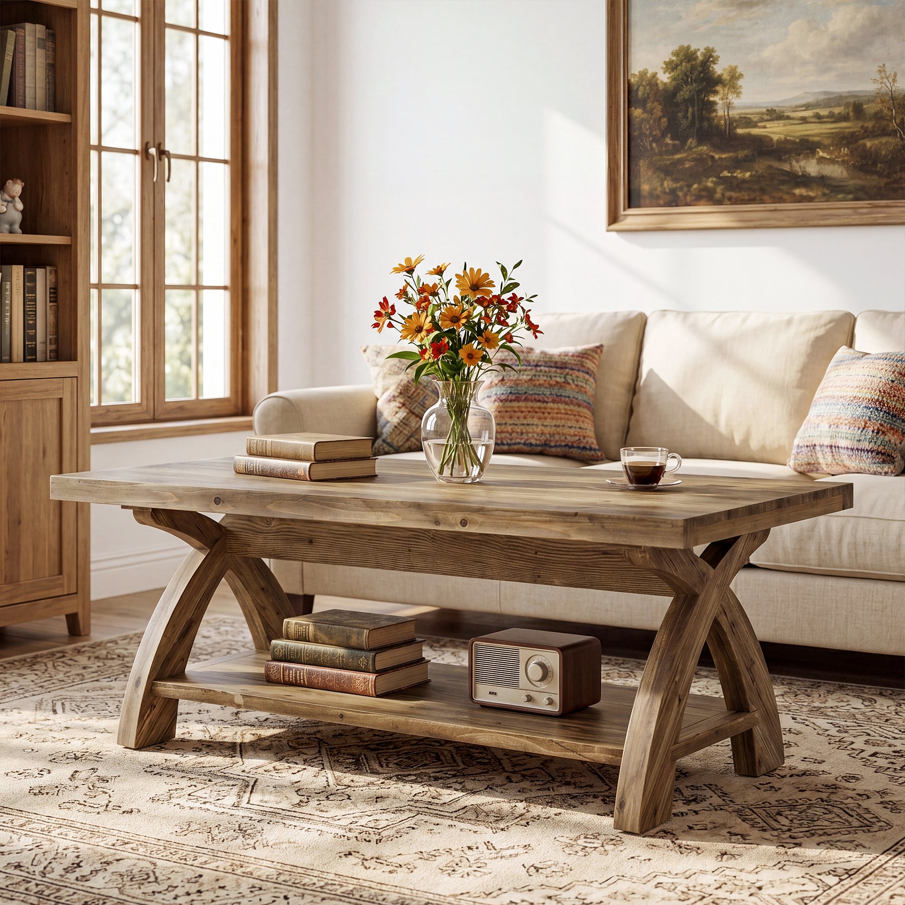 Tribesigns massief houten salontafel met opbergplank, landelijke middentafel voor woonkamer