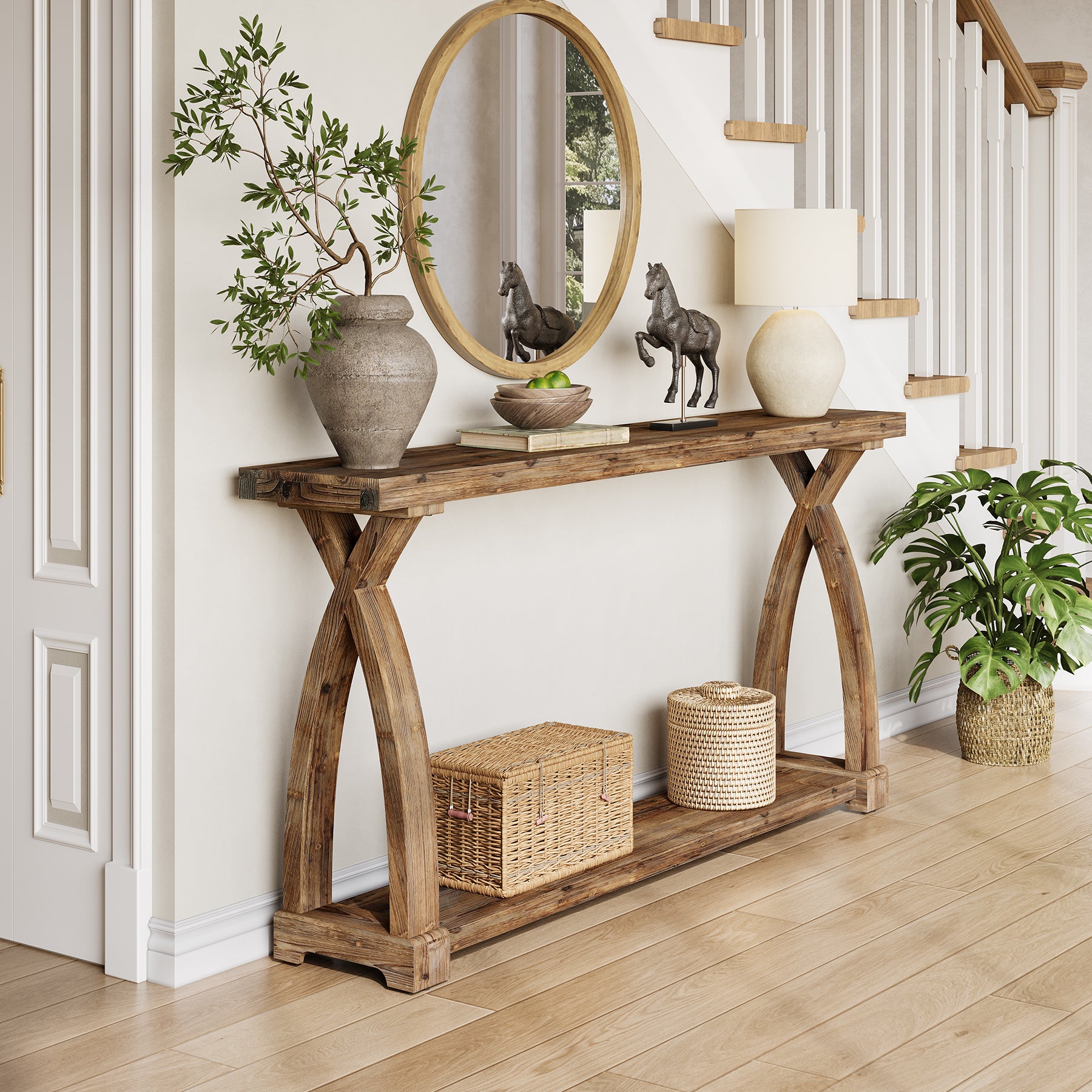 160 cm Massief Houten Consoletafel met 2 Niveaus, Smalle Haltafel Landelijke Stijl