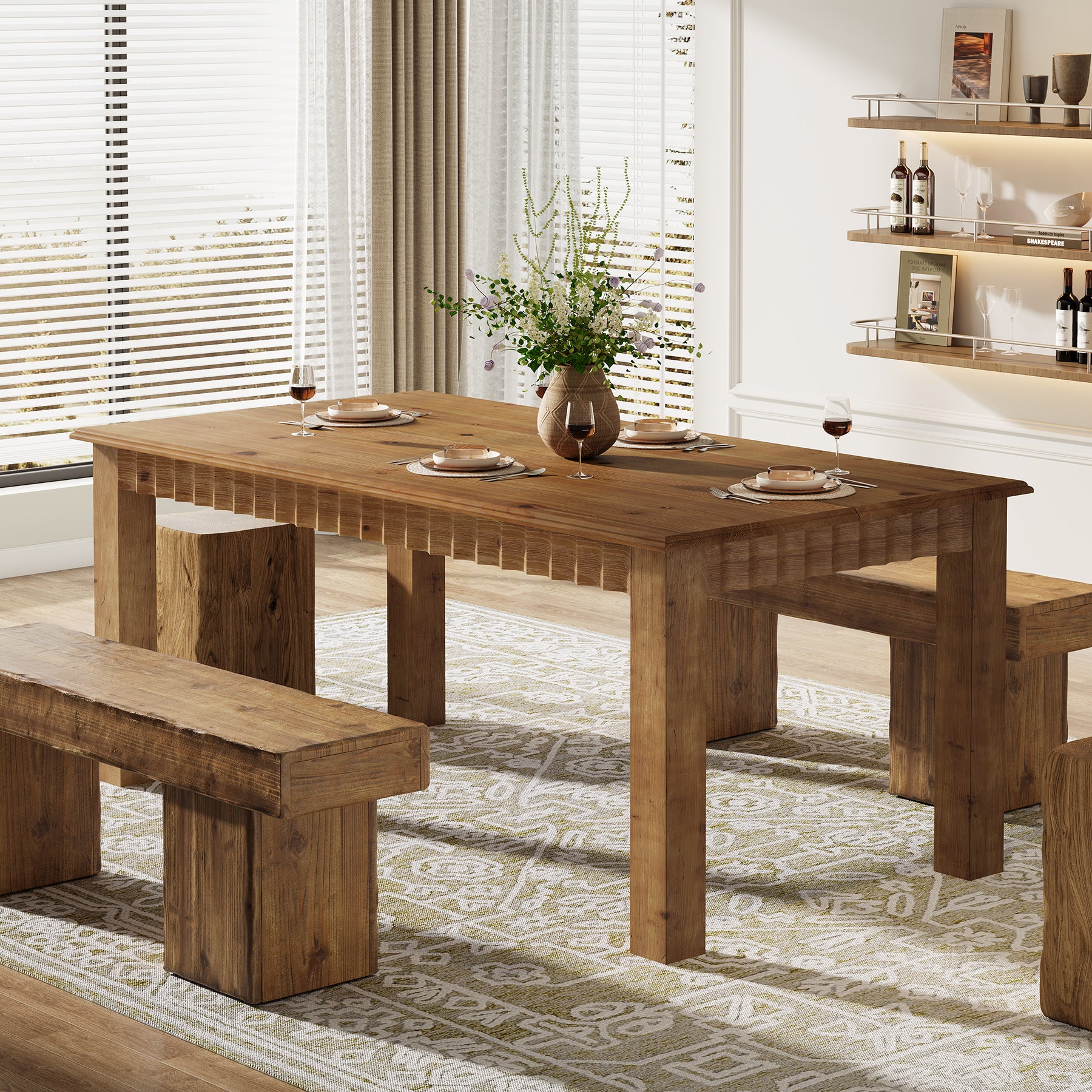 160 cm Rechthoekige Eettafel voor 6 Personen, Massief Houten Landelijke Tafel met Stevige Poten