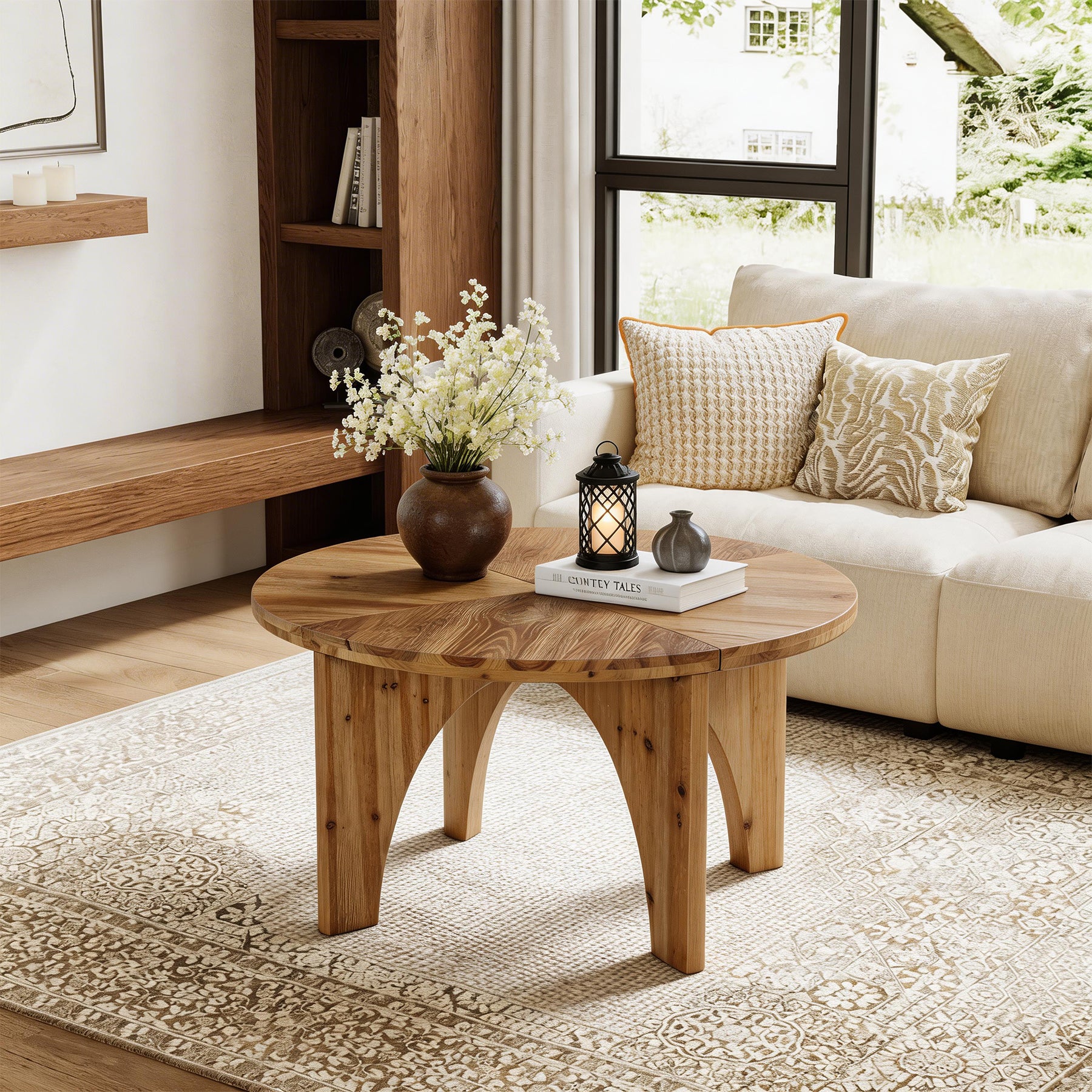80 cm Ronde Salontafel van Massief Hout, Landelijke Salontafel met Gebogen Poten Naturel