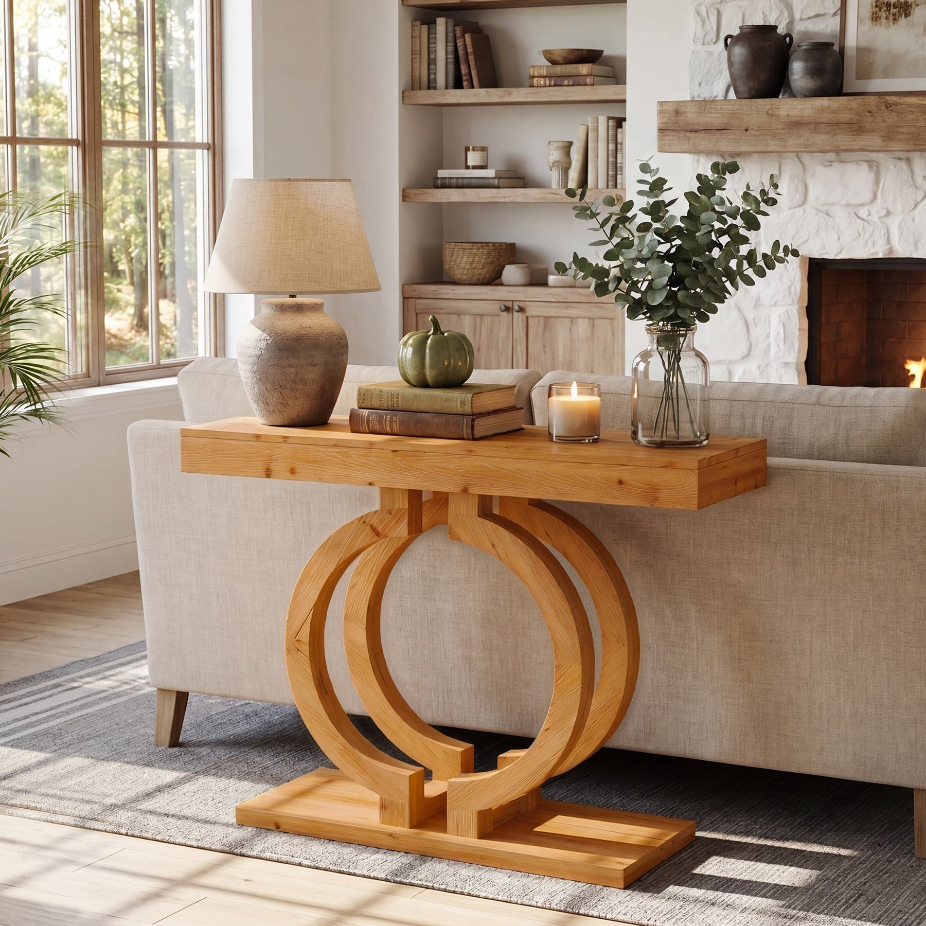Tribesigns 110 cm Massief Houten Consoletafel, Smalle Haltafel met Dubbelcirkel Onderstel
