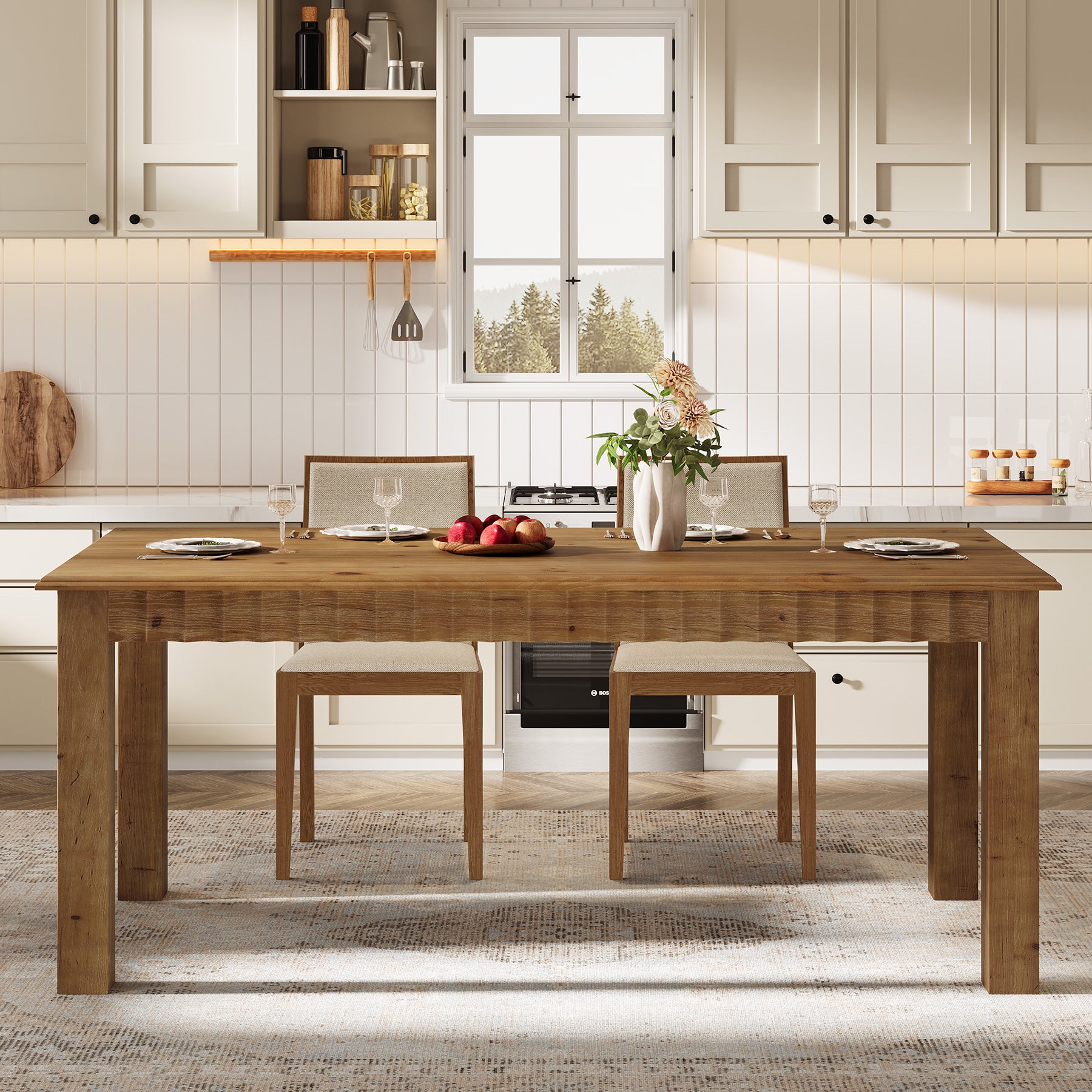 160 cm Rechthoekige Eettafel voor 6 Personen, Massief Houten Landelijke Tafel met Stevige Poten