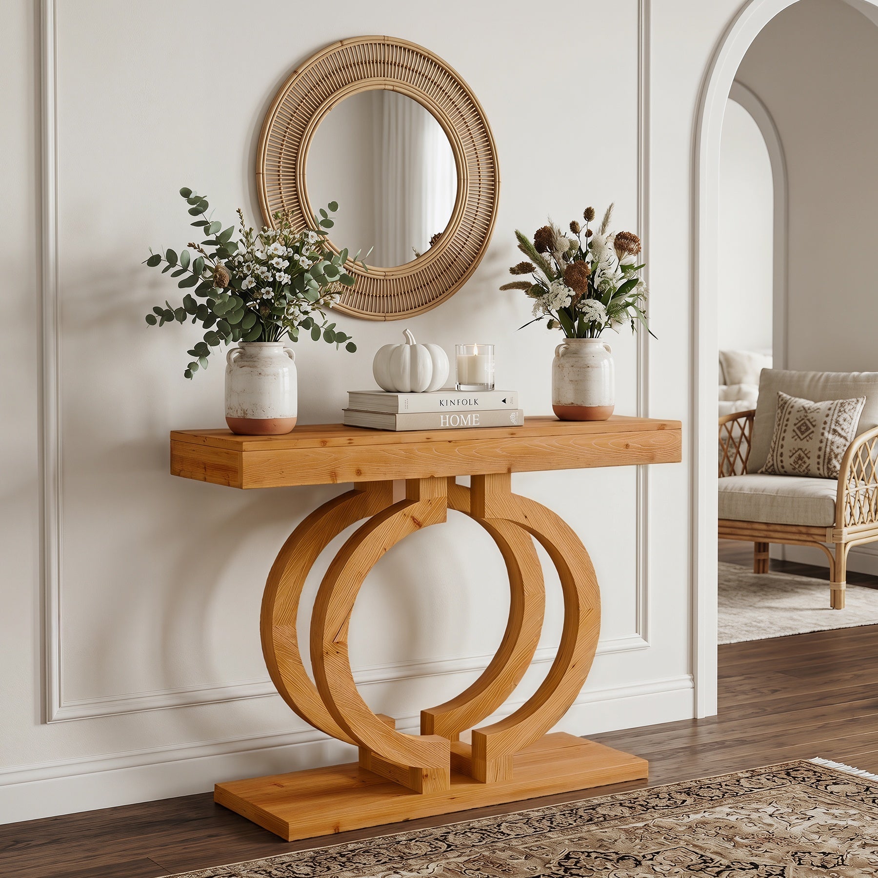 Tribesigns 110 cm Massief Houten Consoletafel, Smalle Haltafel met Dubbelcirkel Onderstel