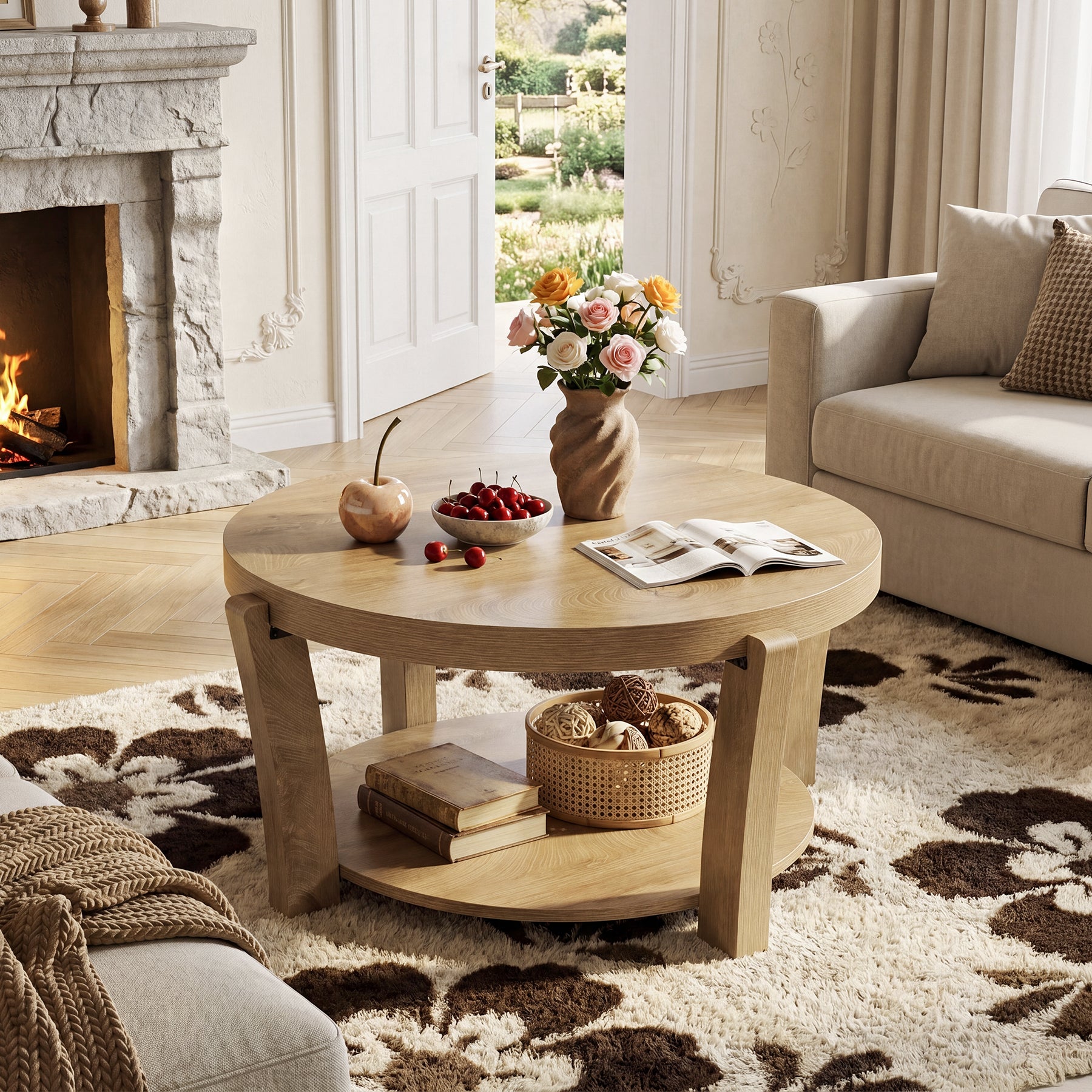 80 cm Tribesigns ronde salontafel met 2-laagse opbergruimte, houten koffietafel voor woonkamer