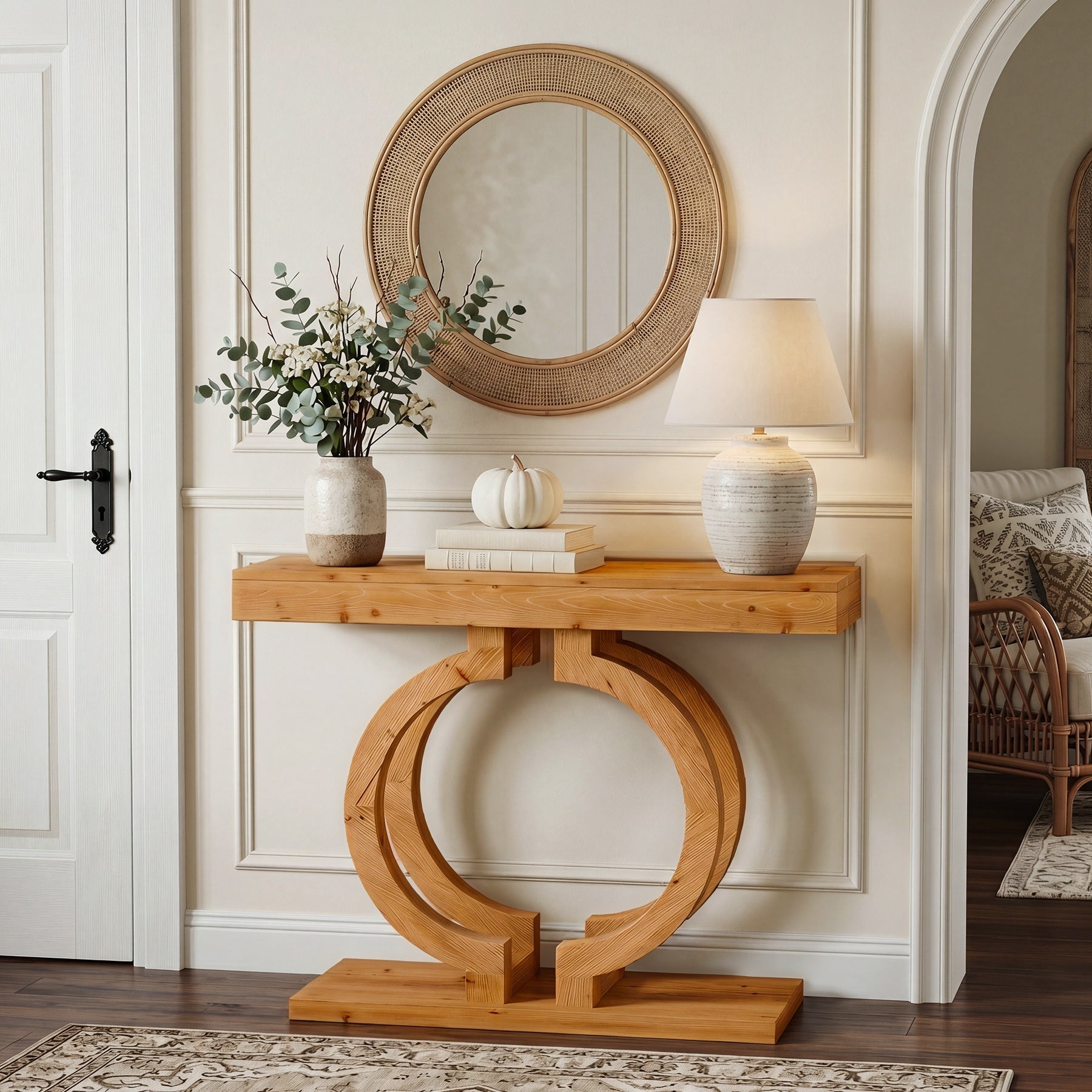 Tribesigns 110 cm Massief Houten Consoletafel, Smalle Haltafel met Dubbelcirkel Onderstel