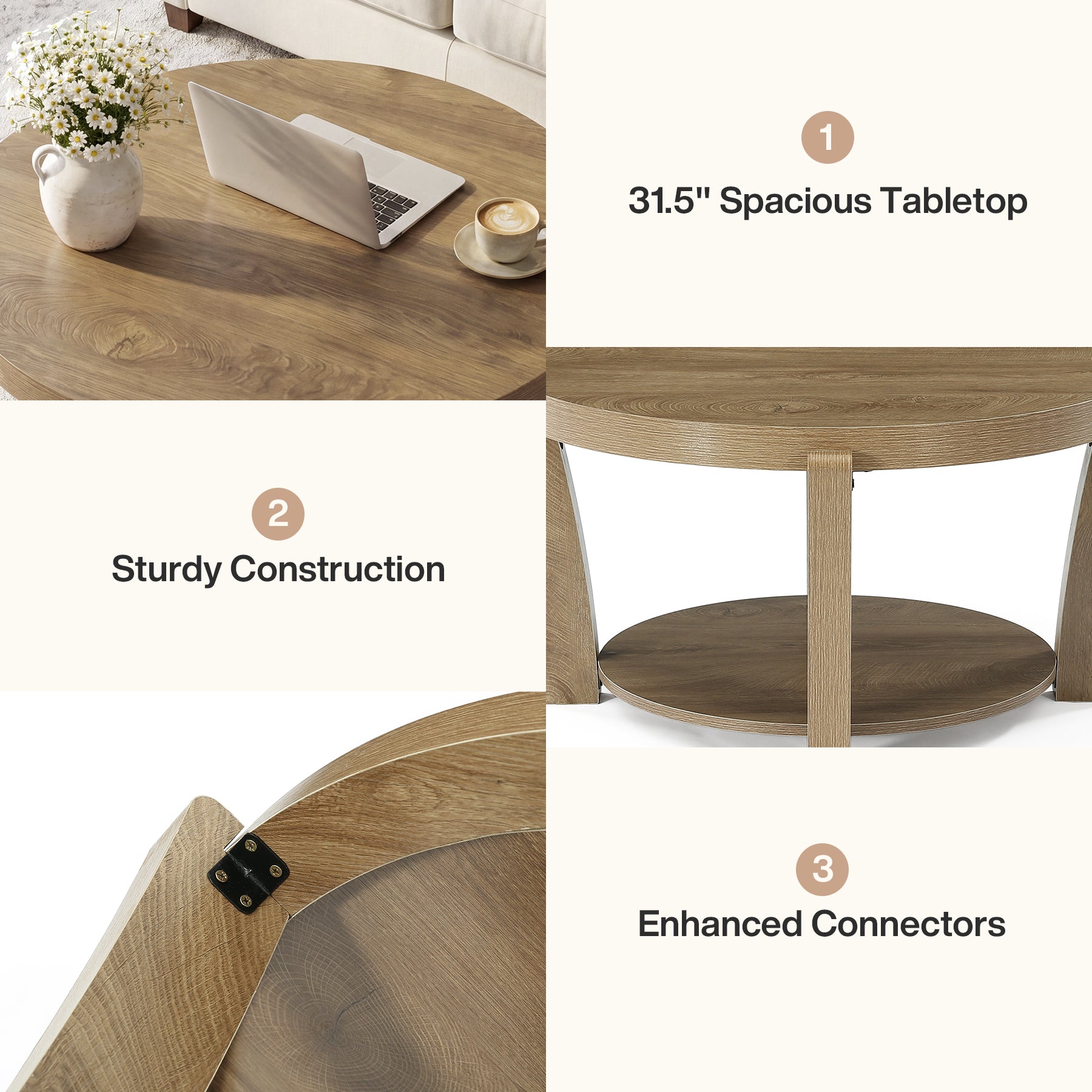 80 cm Tribesigns ronde salontafel met 2-laagse opbergruimte, houten koffietafel voor woonkamer