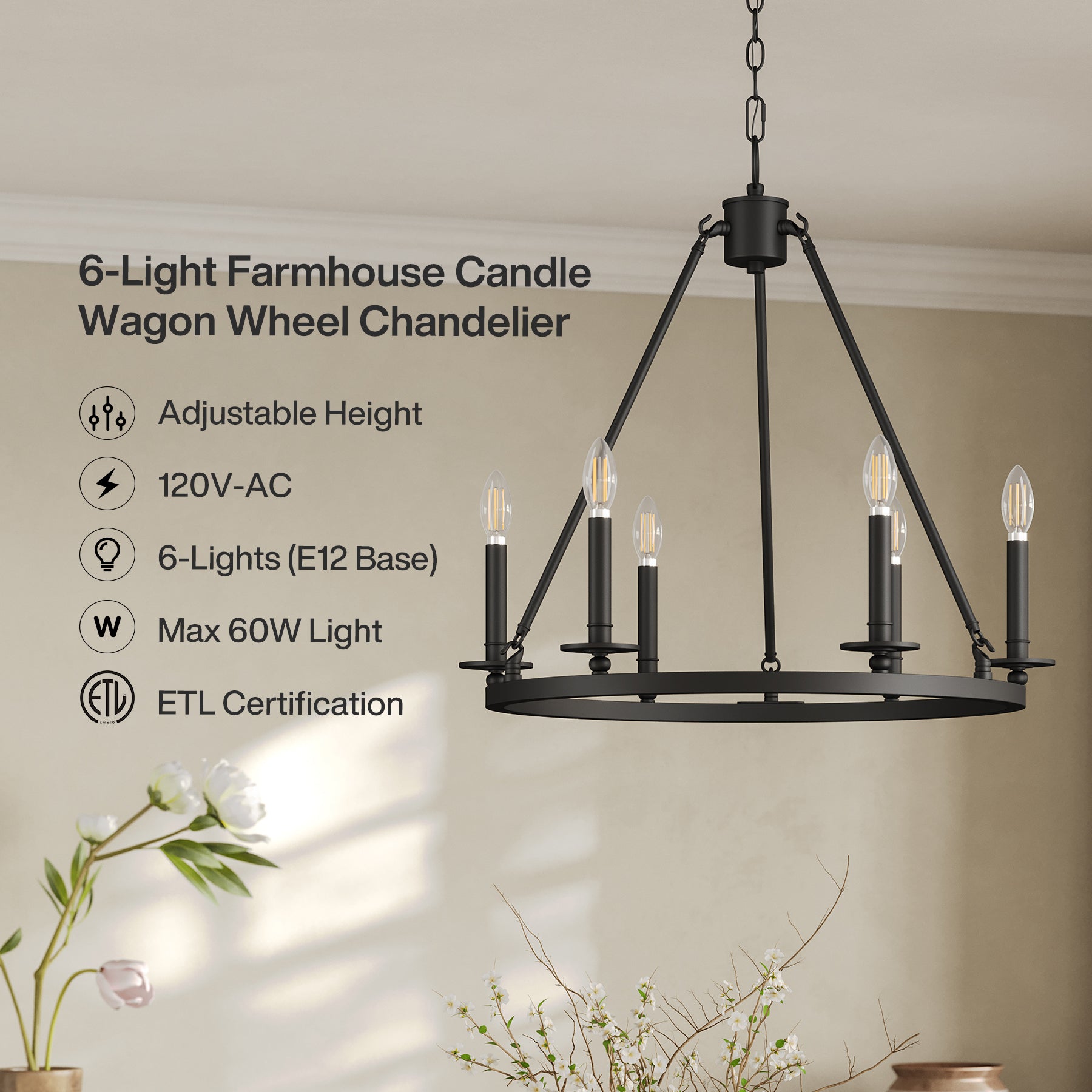 Tribesigns vintage kroonluchter met 6 E14-fittingen, zwarte industriële hanglamp voor woonkamer slaapkamer keuken en hal