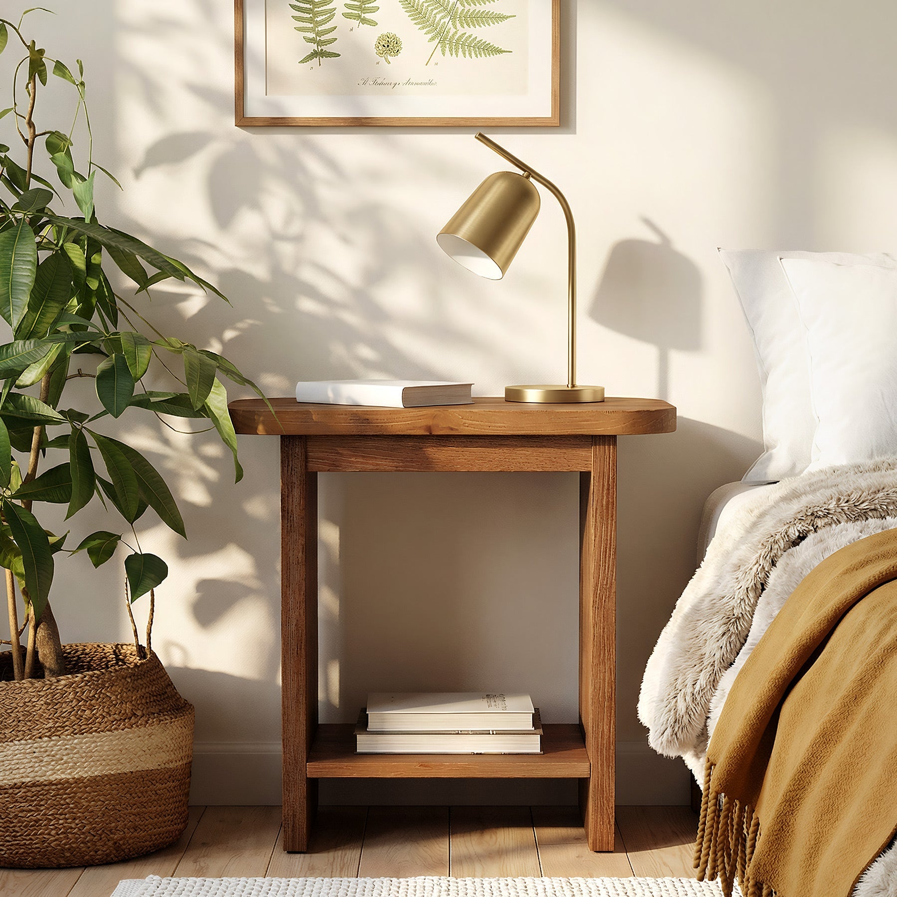 Massief houten bijzettafel, H-vormige 2-laagse bijzettafel met opbergplank