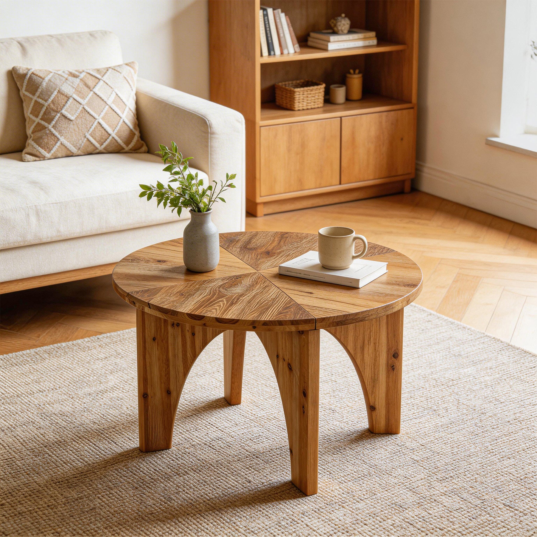 80 cm Ronde Salontafel van Massief Hout, Landelijke Salontafel met Gebogen Poten Naturel