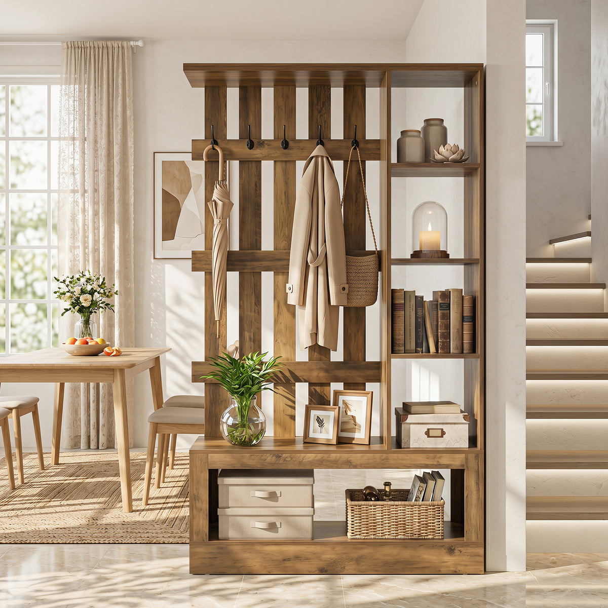 180 cm roomdivider met planken en kapstok, vrijstaande houten scheidingswand voor hal en woonruimte