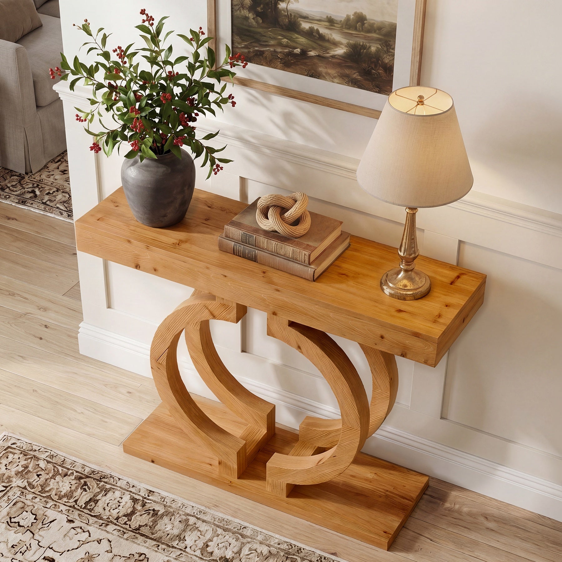 Tribesigns 110 cm Massief Houten Consoletafel, Smalle Haltafel met Dubbelcirkel Onderstel