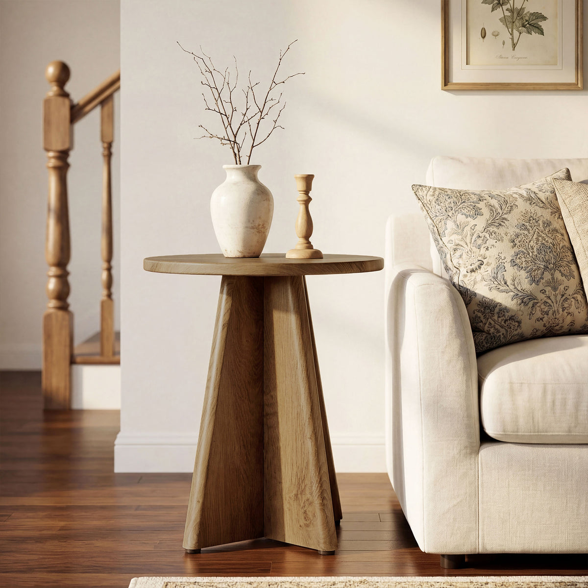 50 cm Tribesigns ronde bijzettafel met sculpturale kruispoot, moderne tafel in lichte houtlook voor woonkamer en slaapkamer
