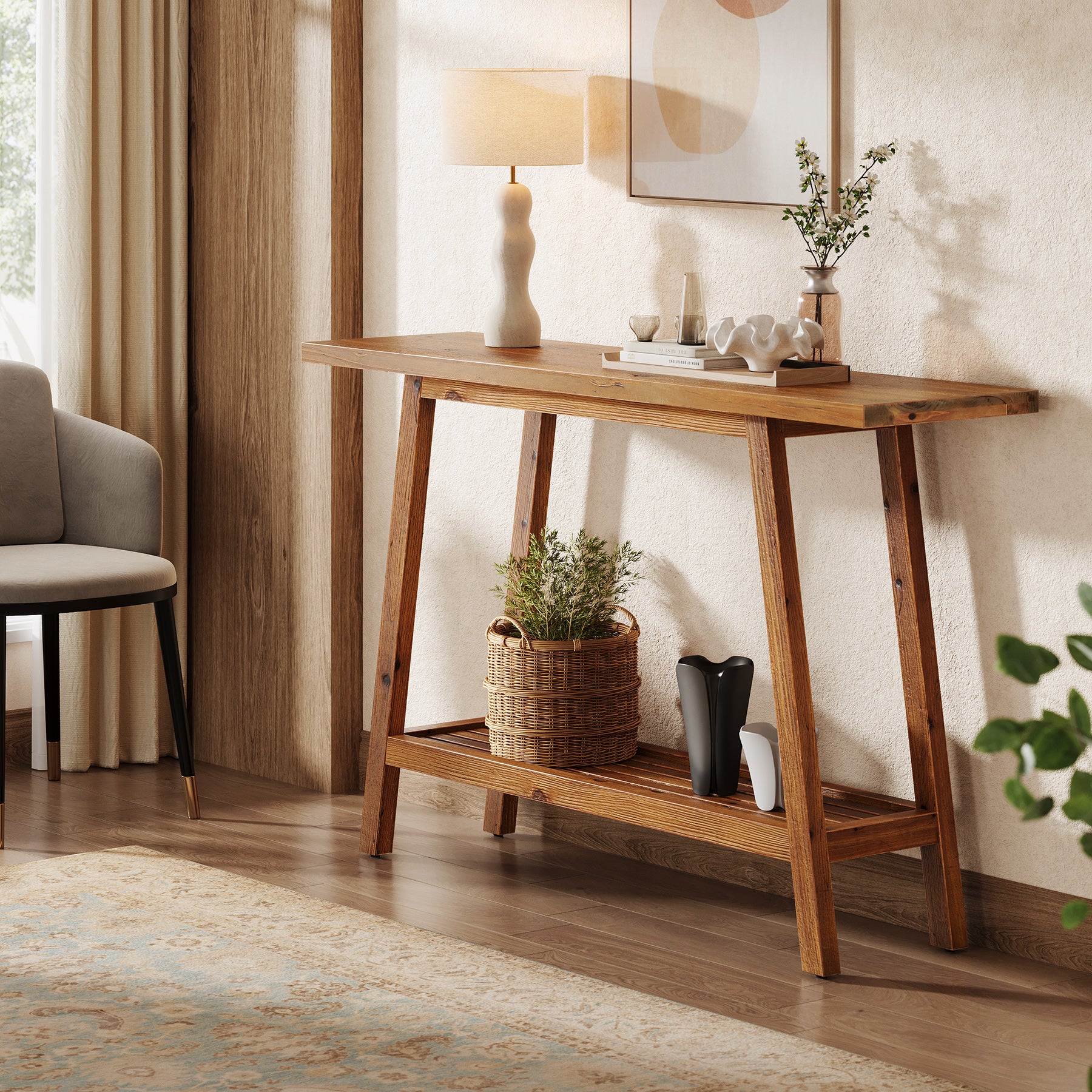 Tribesigns 105 cm Haltafel, Smalle Houten Banktafel met 2 Niveaus