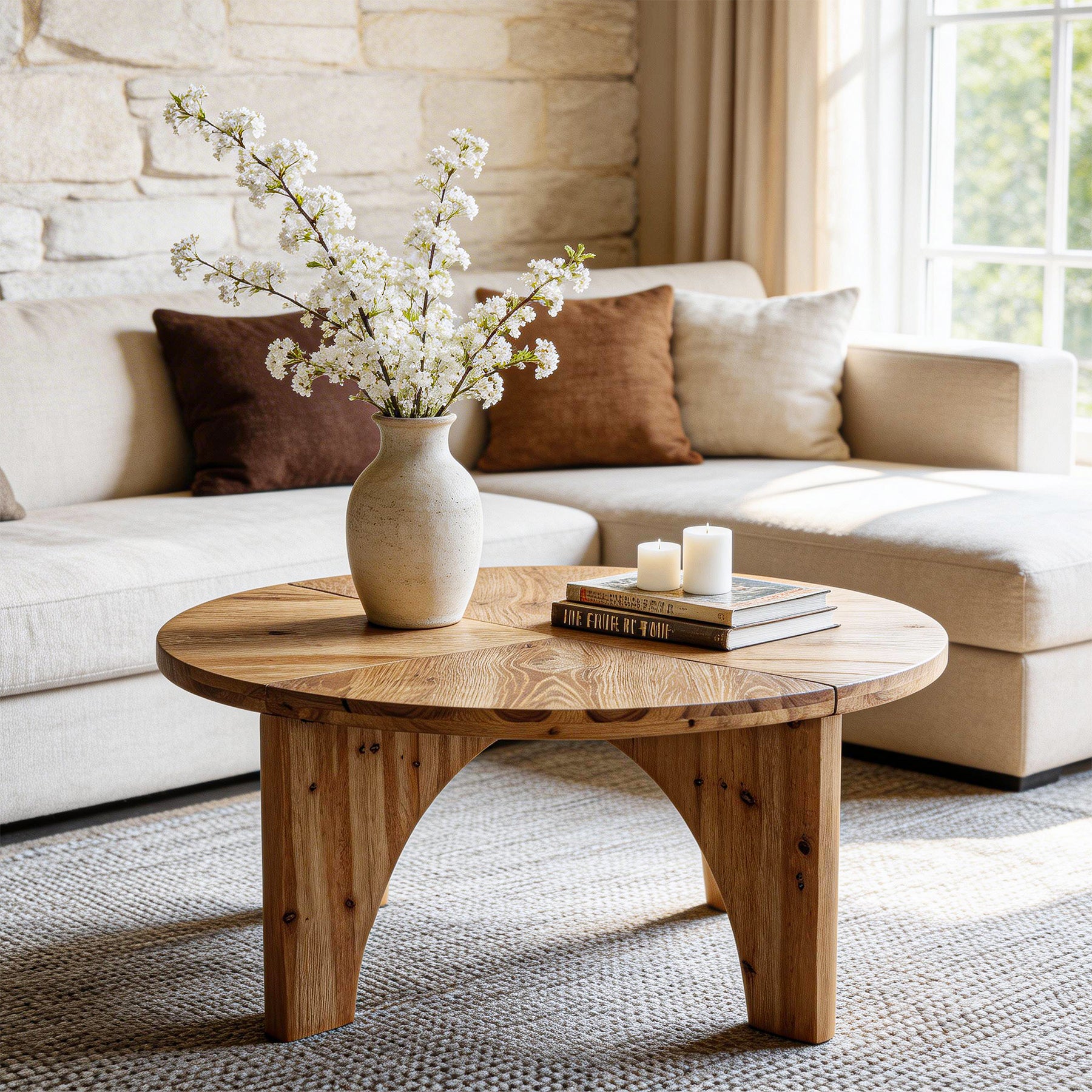 80 cm Ronde Salontafel van Massief Hout, Landelijke Salontafel met Gebogen Poten Naturel