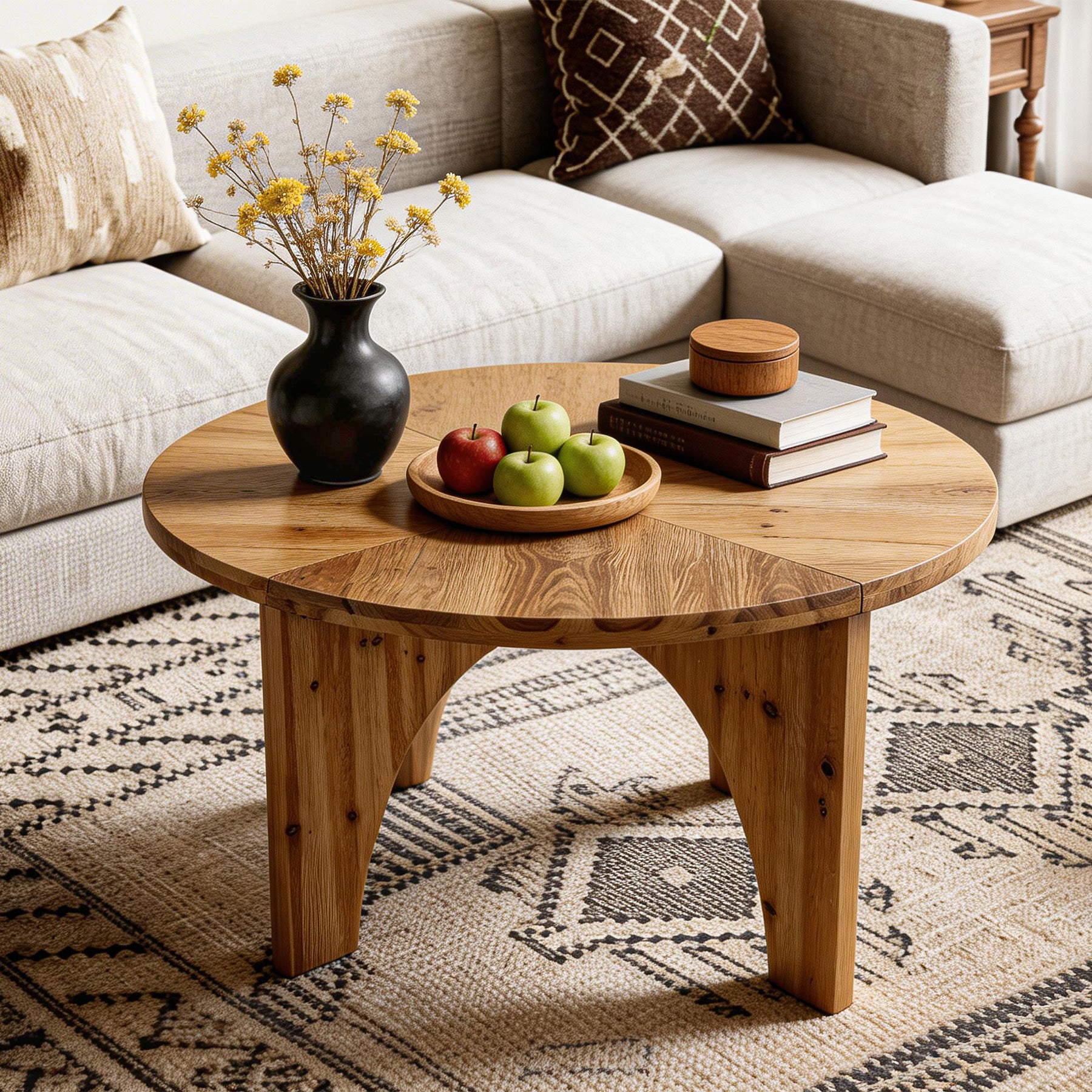 80 cm Ronde Salontafel van Massief Hout, Landelijke Salontafel met Gebogen Poten Naturel