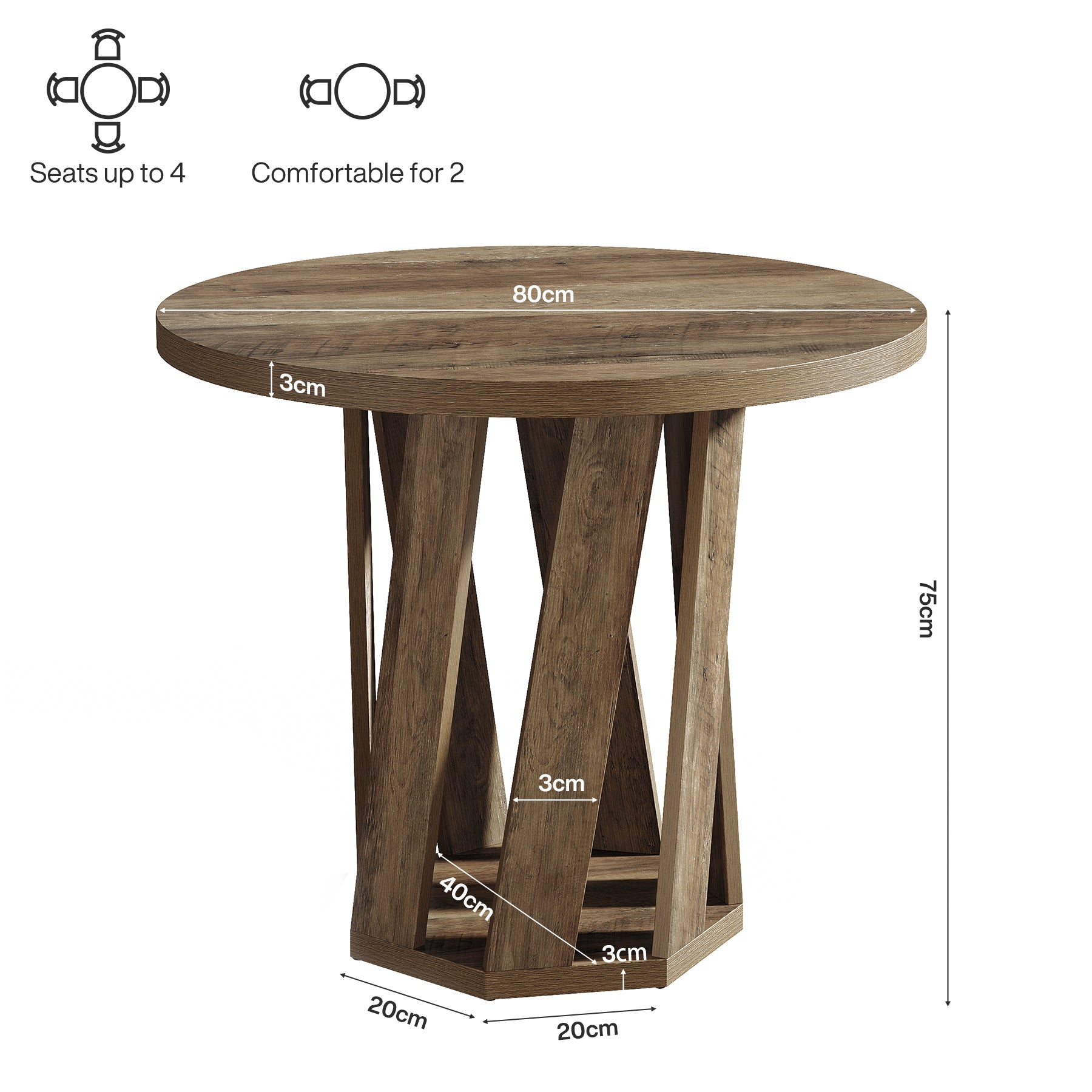 80 cm Ronde Vergadertafel Voor 2-4 Personen, Kleine Houten Kantoor Tafel in Rustic Bruin